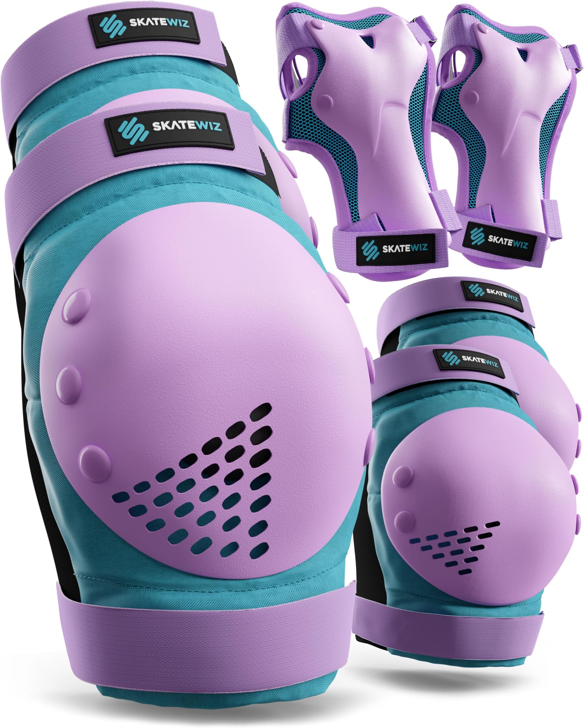 SKATEWIZ Skateboard Pads Protective Gear Set for Kids and Adults - Smash - Roller Skate Pads [6pc] with Wrist Guards - Skating Protective Gear - Roller Derby