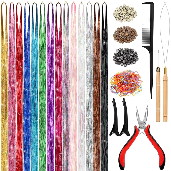 Hair Tinsel Kit (48 Inch,14 Colors, 3500 strands), Tinsel