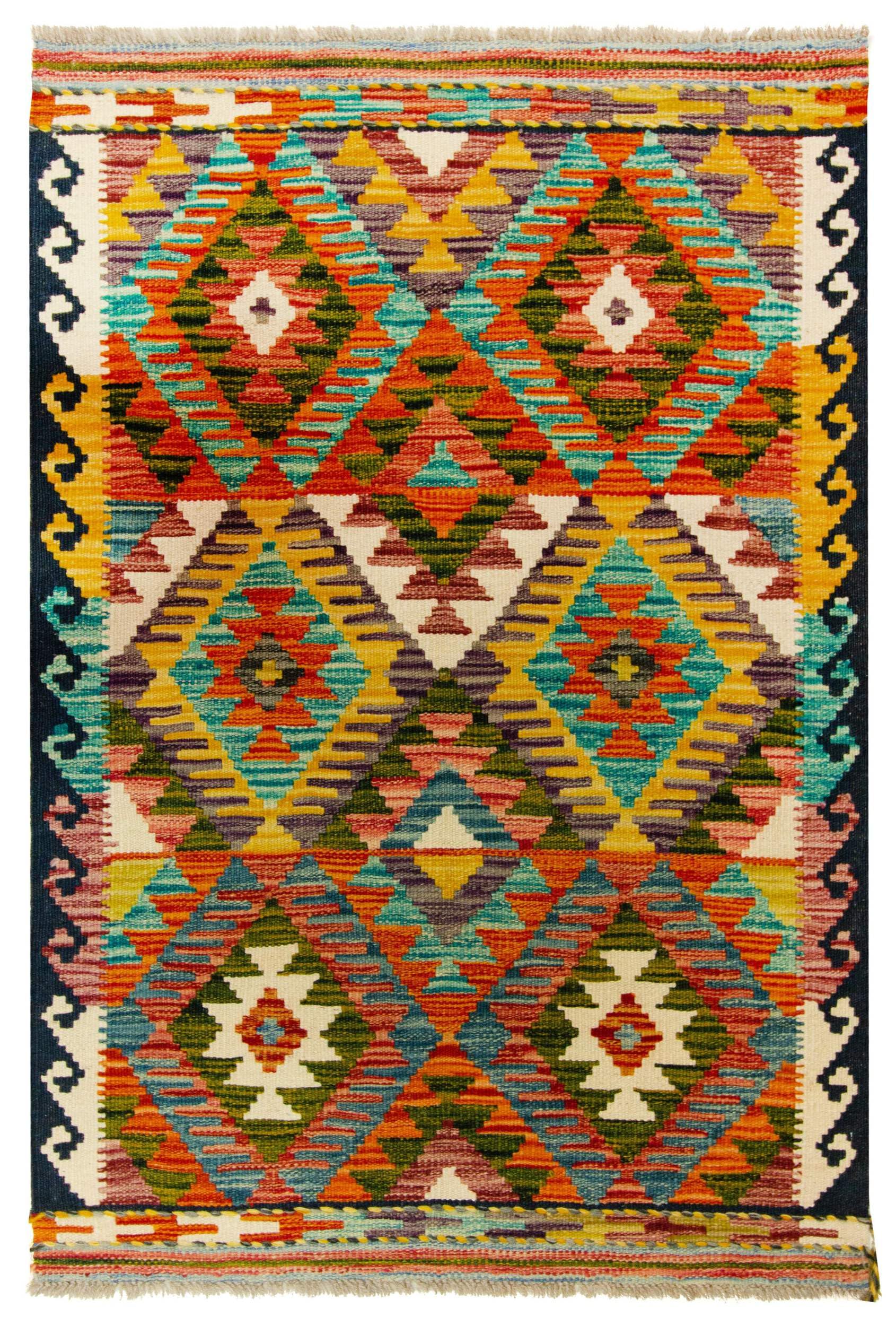 Kilim Tapis 100 % laine 121 x 82 cm, fait à la main, pièce unique de style Herat Boho multicolore, tissage plat, tapis d'entrée et chambre