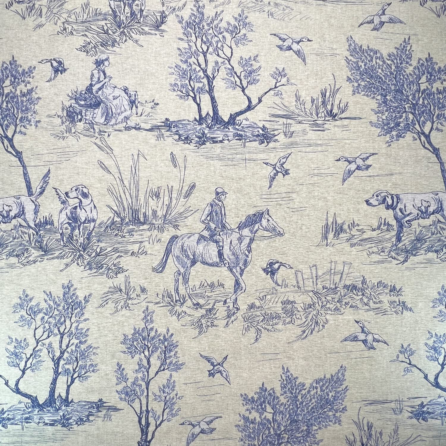 Glamour Secrets Navy Blue Crafty Cotton Rich Panama Canvas Fabric - Country Toile - Horse & Hounds - Width 140Cm - Home Furnishings Craft Projects