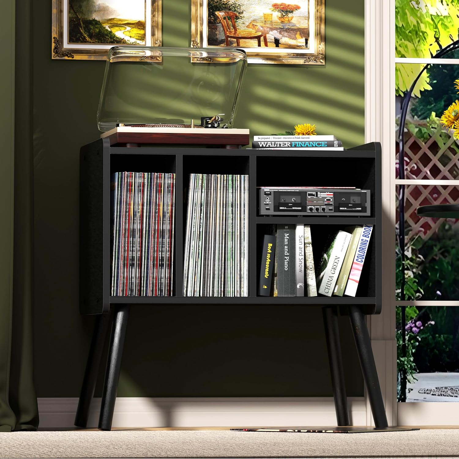 Record Player Table, Mid-Century Record Player Stand with Vinyl Storage Hold Up to 150+ Albums, Vinyl Record Cabinet with Adjustable Shelves, Wood Turntable Stand for Music Living Room (Black)