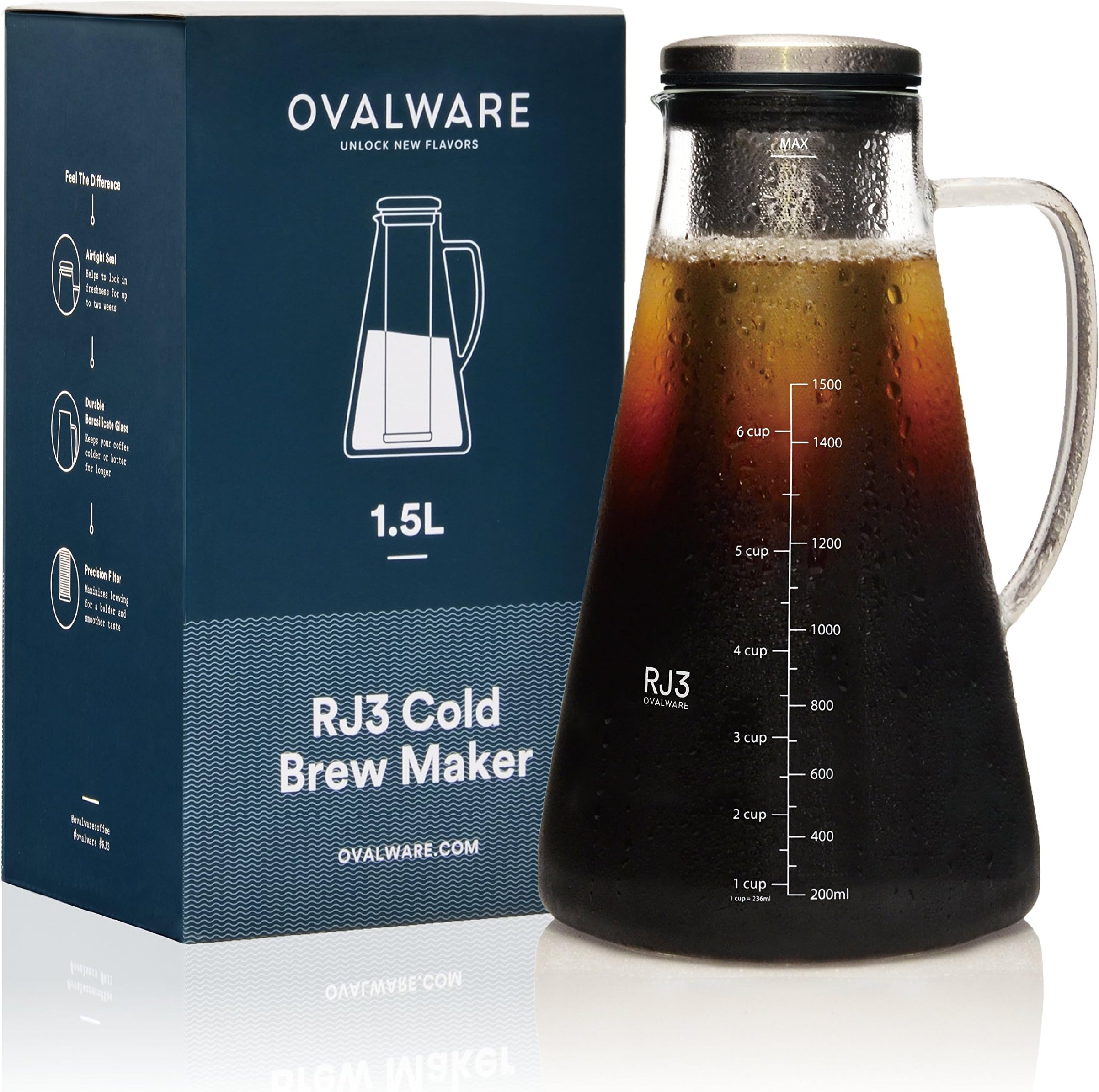ovalware Airtight Cold Brew Iced Coffee Maker (& Iced Tea Maker) with Spout โ 1.5L/51oz RJ3 Brewing Glass Carafe with Removable Stainless Steel Filter