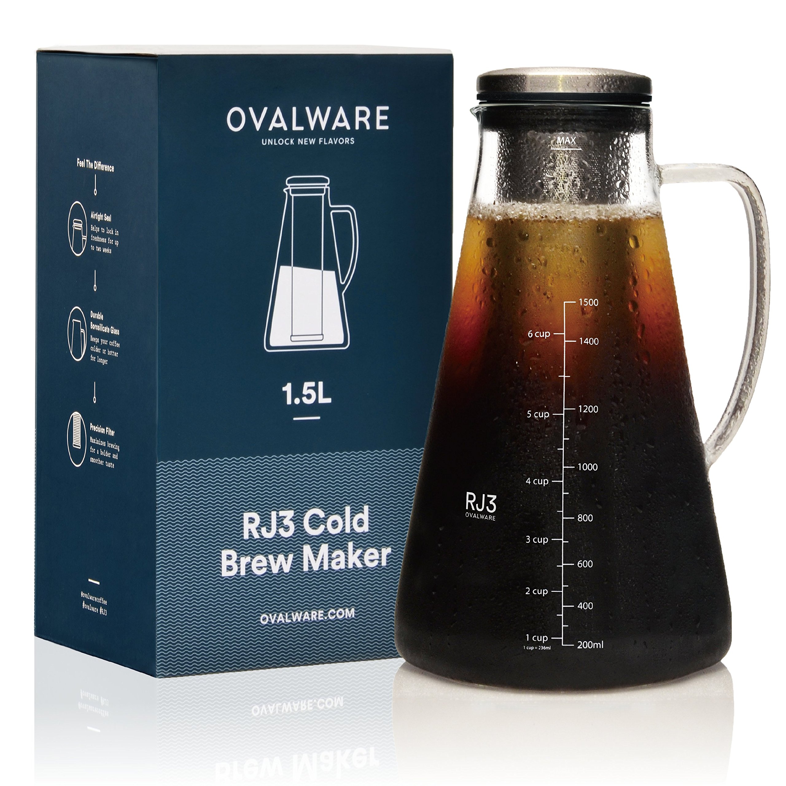 ovalware Airtight Cold Brew Iced Coffee Maker (& Iced Tea Maker) with Spout – 1.5L/51oz RJ3 Brewing Glass Carafe with Removable Stainless Steel Filter