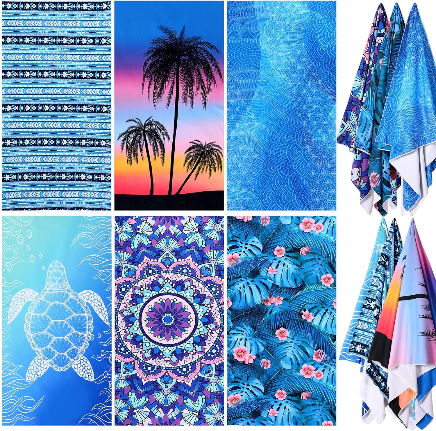 Panelee 6 Pack Oversized Thin Beach Towel 71"x35" Large Microfiber Lightweight Sand Free Towels Quick Dry for Swimming Pool Travel Camping Yoga Adult Vacation Gift(Dark Blue,Turtle Mandala Tie Dye)