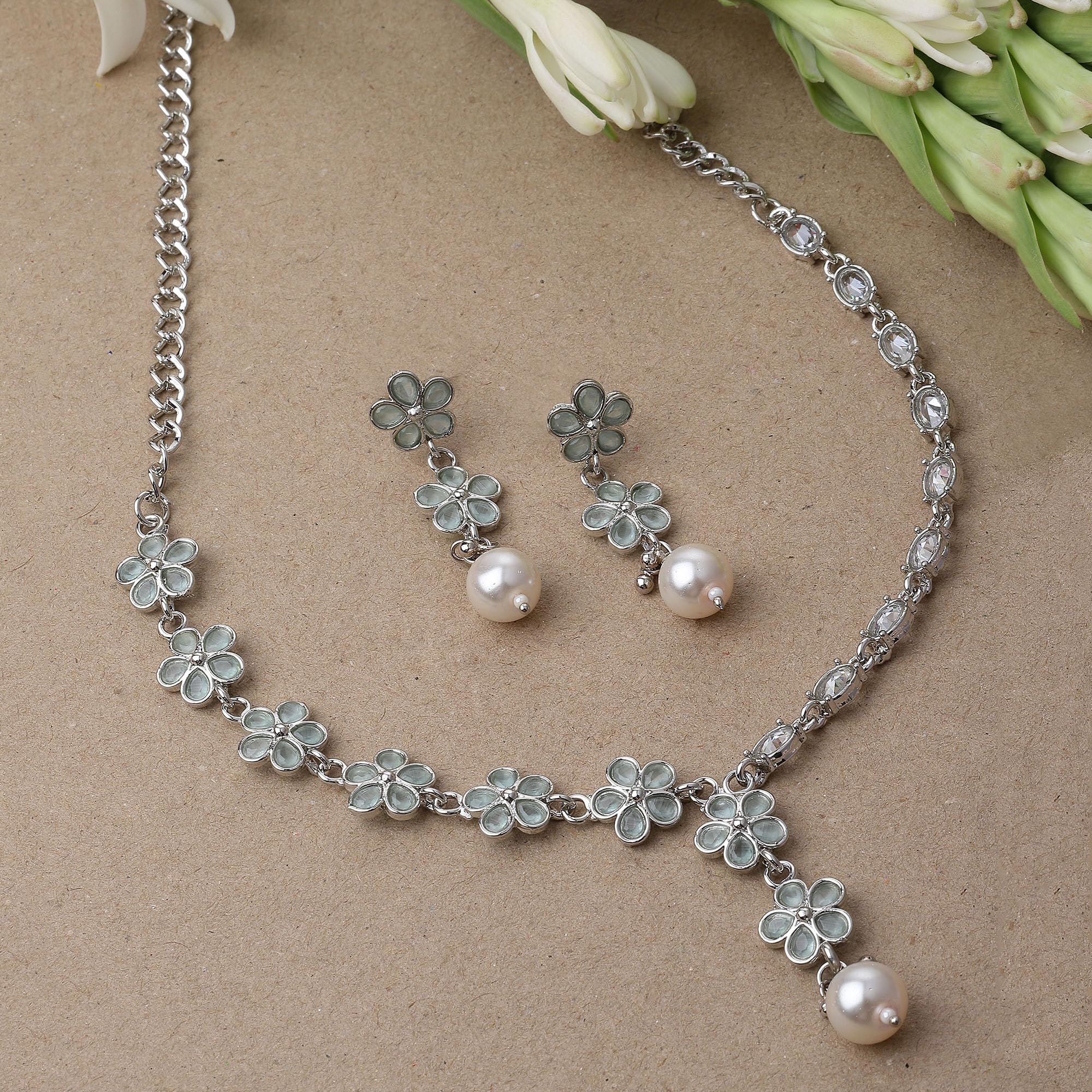 Oxidised Silver-Plated Flower American Diamond Necklace Earrings Set