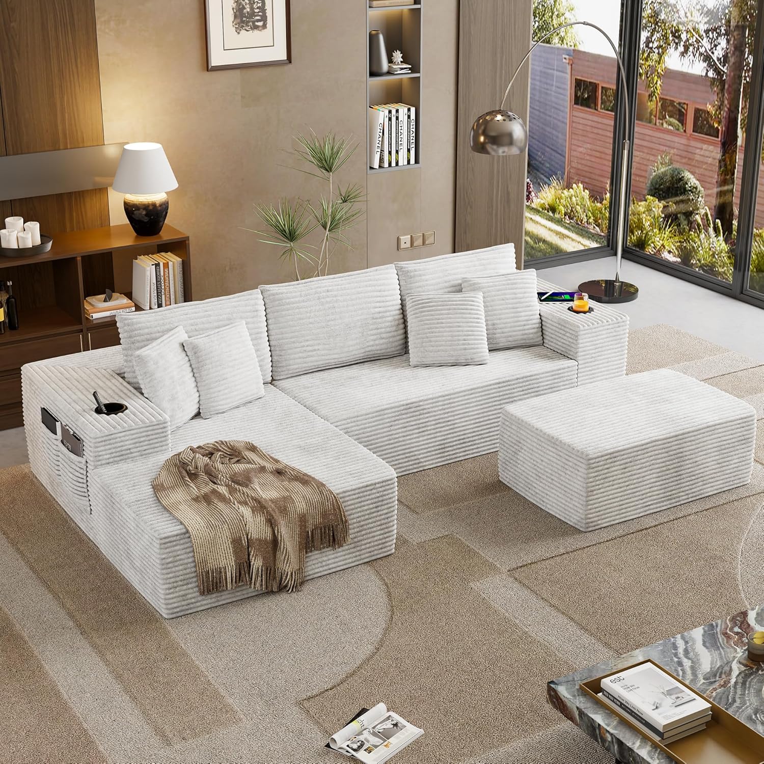 104.3'' U-Shape Cloud Sectional Couch, Modular Sectional Sofa with Side Pocket, Cup Holder&USB Port, Couch for Living Room with Chaise, Ottoman, Plush Corduroy Fabric, No Assembly, Beige