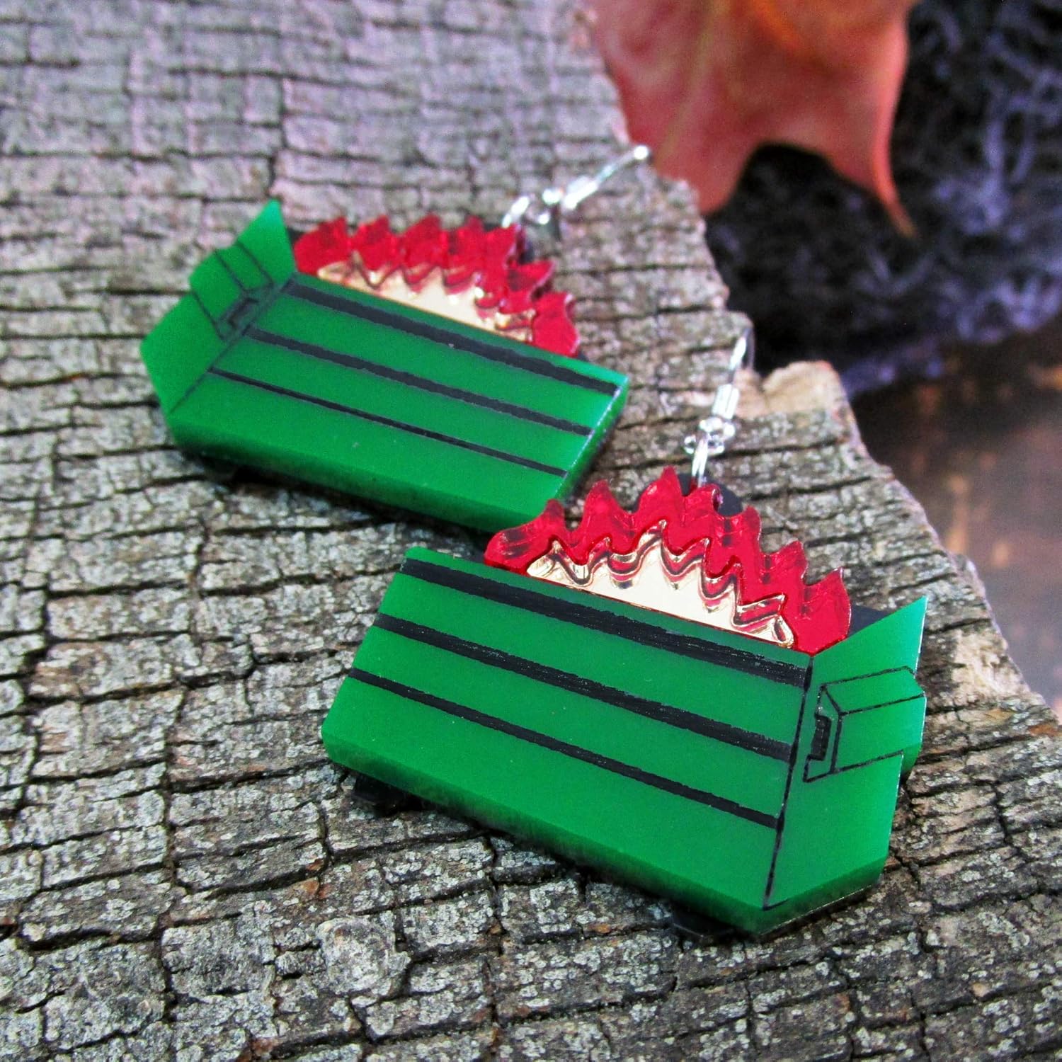 Trash Fire Dangle Earrings in Green by It's Just So You
