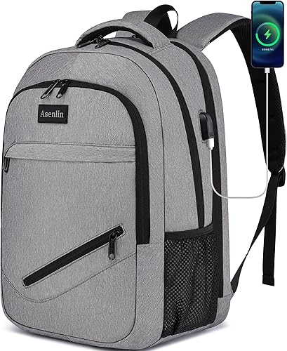 Asenlin Mochila de viaje para laptop para mujeres y hombres, resistente al agua, mochila delgada y resistente para laptop con puerto de carga USB,