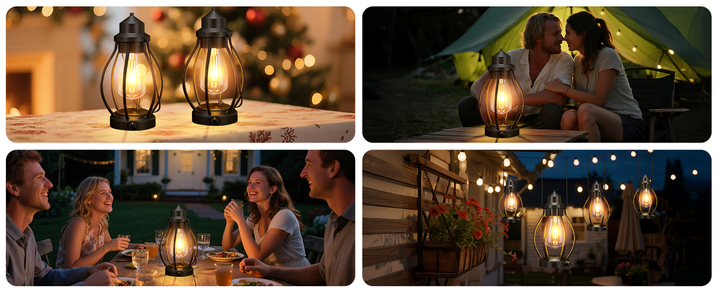 Image of Battery-Powered LED Lanterns Vintage Lights for Camping, 2 Pack Rechargeable Lantern with Dimmerble Warm White Edison Bulb, Waterproof Hanging Light Table Lamp for Outdoor & Indoor Decorative