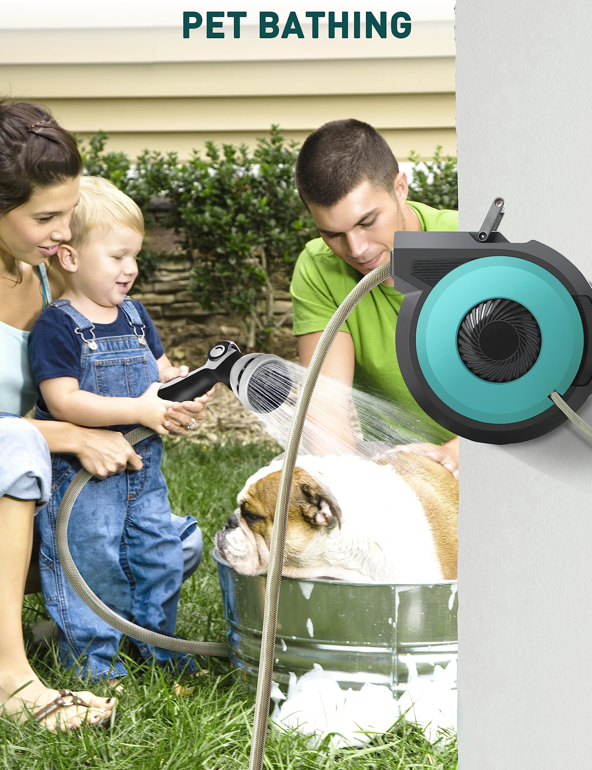 Rengue Retractable Garden Hose Reel, 5/8" x 90ft Wall Mounted Hose Reel with 10 Pattern Nozzle, Automatic Slow Rewind, Any Length Lock, 180Â° Swivel Bracket, Ideal for Garden Watering