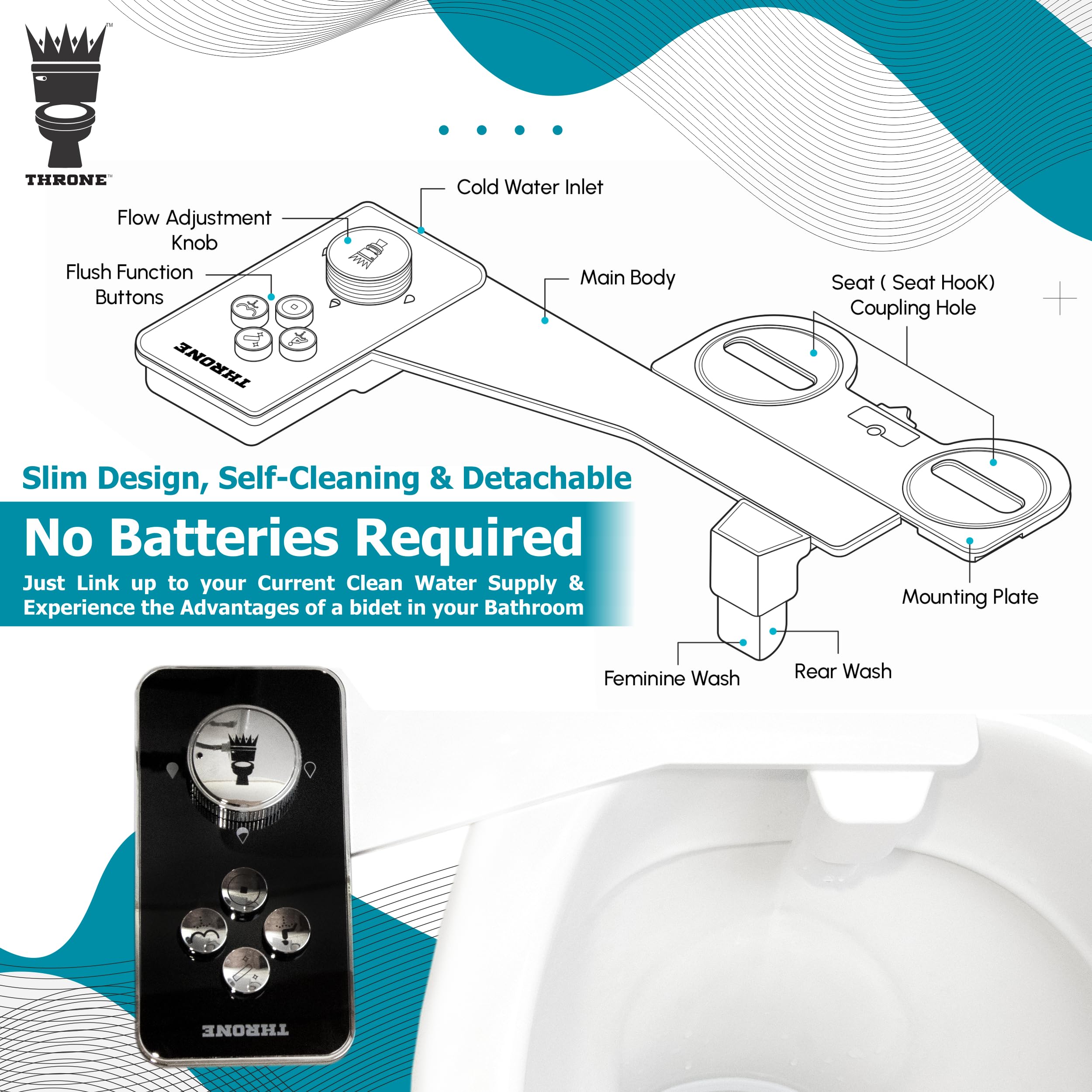 Throne Bidet Attachment - USA Patented - Non-Electric Self Cleaning Water Sprayer Toilet Bidet Seat Attachment Double Nozzle — view 5