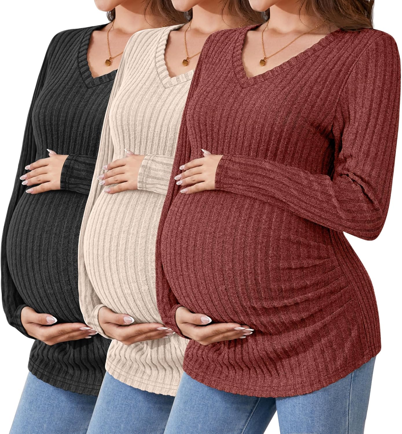 Ficerd 3 Pack Women’s Maternity Shirts Ribbed Long Sleeve Pregnancy Tops V Neck Knit Side Ruched Pregnant Clothes Sweater