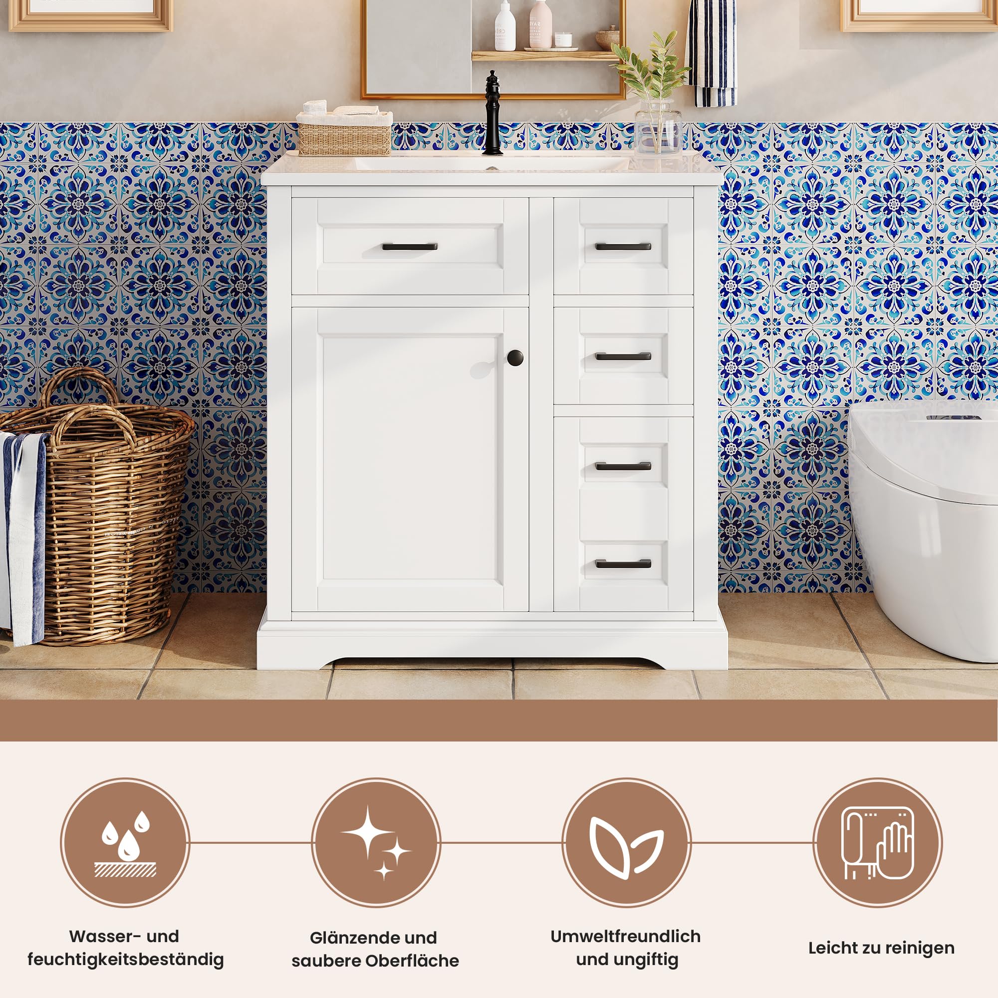 76 x 47 x 82 cm; mobiletto sottolavabo a pavimento; superficie verniciata; ante con funzione soft-close; estrazione laterale a due livelli; lavabo in ceramica integrato; mensola porta; bianco.