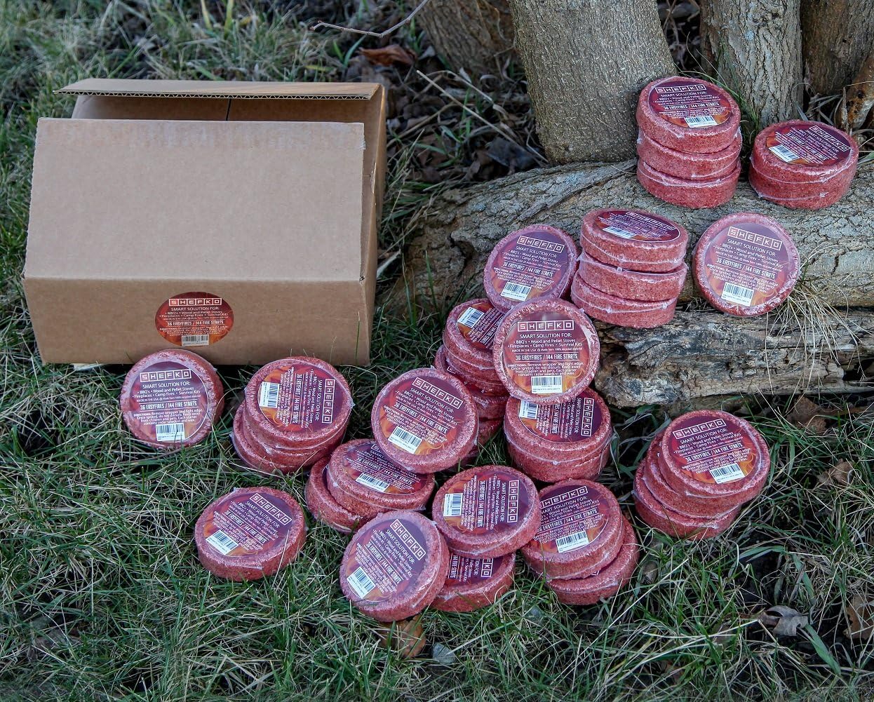 EasyFire Fire Starters with 30-min. Burn-time Guarantee – Natural Cedar Scent, Clean, All-Weather Quick Flame – 36 Pucks / 144 Fire Starts- Camping Essentials And Emergency Kit / Survival Solution