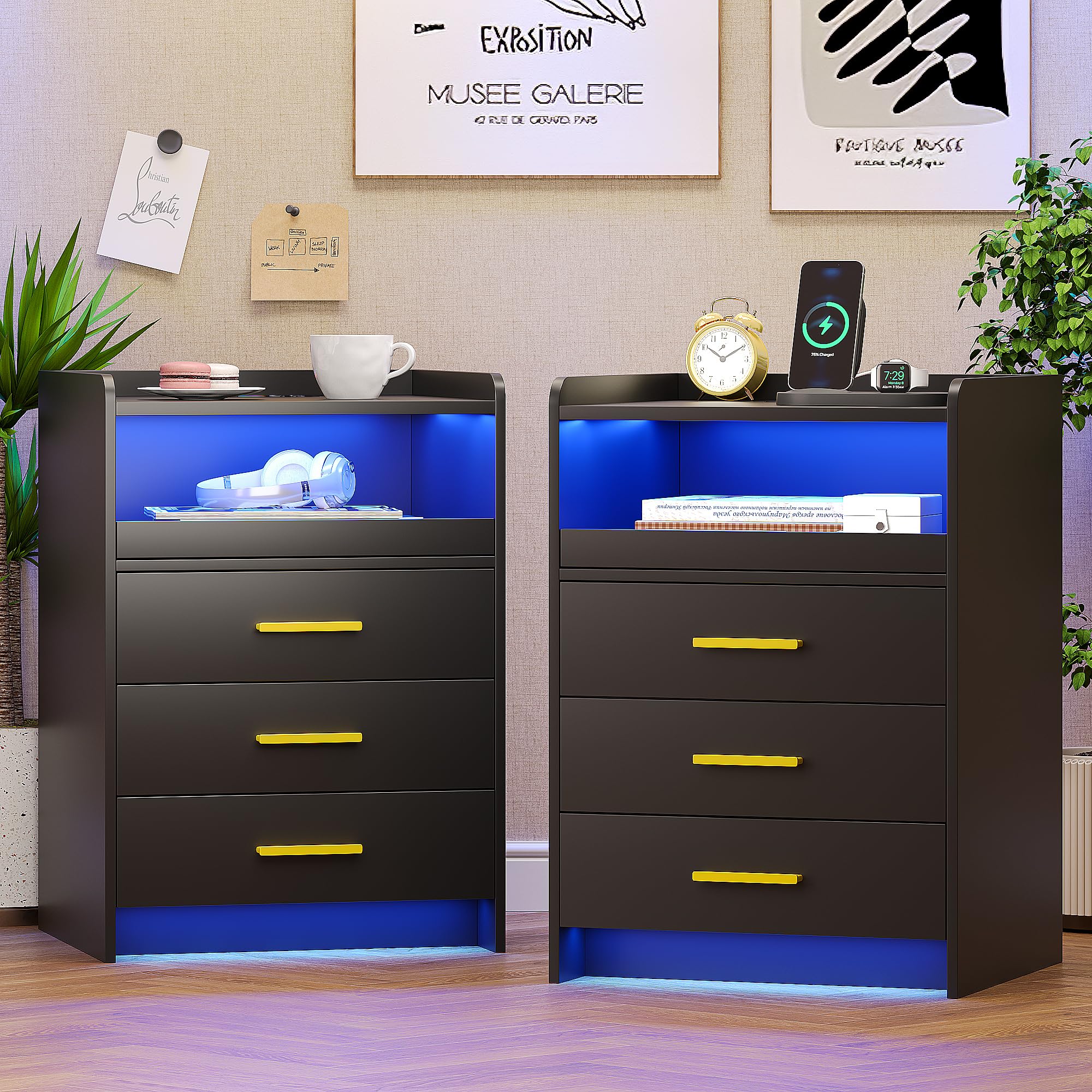FREDEES Bedside Tables Set of 2 with Charging Station and Led Lights, Bedside Cabinet with 3 Drawers, Modern Nightstand with Storage for Bedroom, Living Room, Black