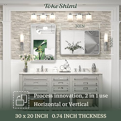 Miniatura 7 de TokeShimi Espejo giratorio de baño de 20 x 30 pulgadas, horizontalvertical para pared de tocador, marco de metal de níquel cepillado inclinado hacia