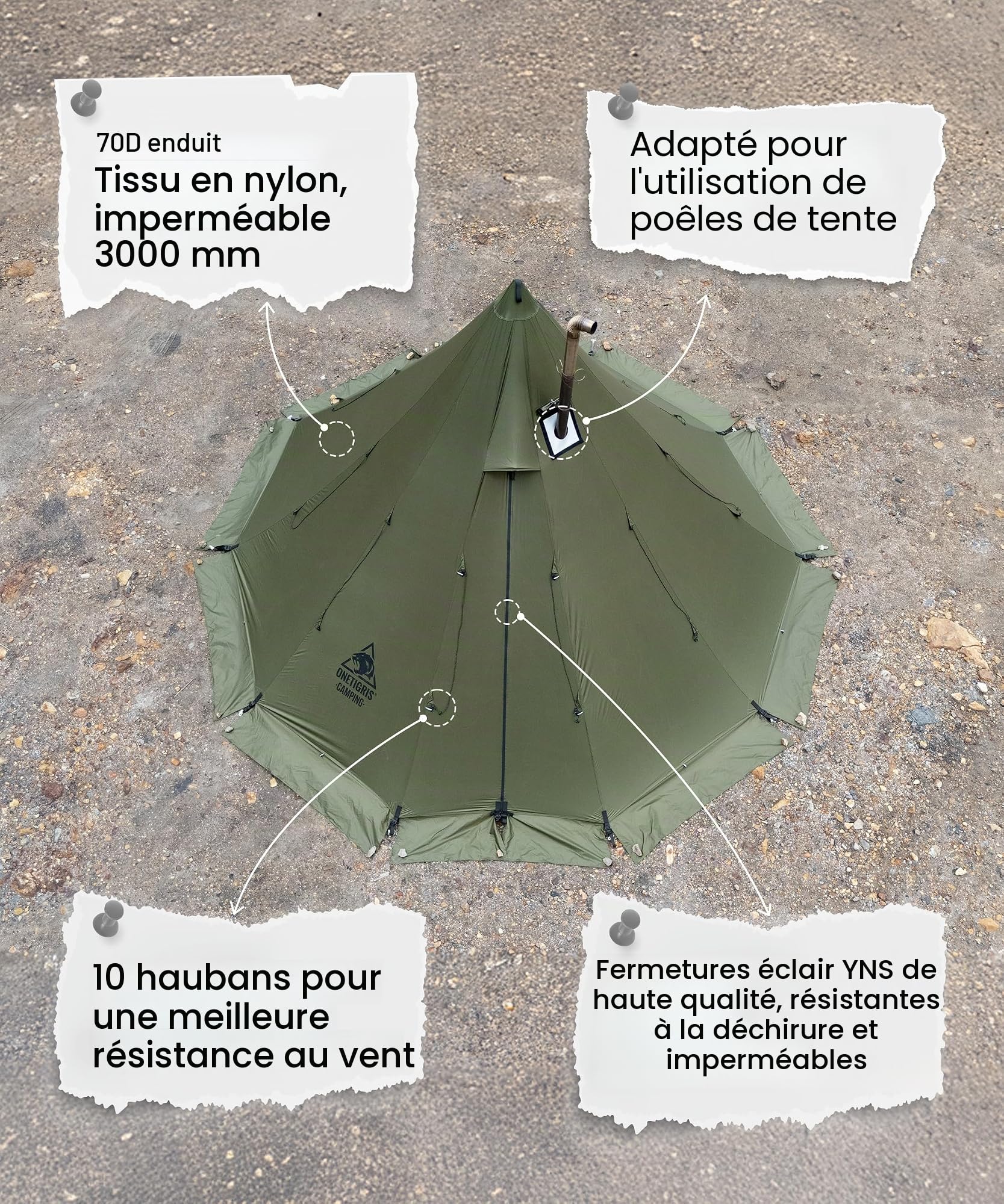 OneTigris Rock Fortress Tente tipi pour 4 à 6 personnes - Tente pyramidale avec mât de tente - 4 saisons - Colonne d'eau de 3000 mm - Pour l'extérieur, le camping, la randonnée, le trekking (vert