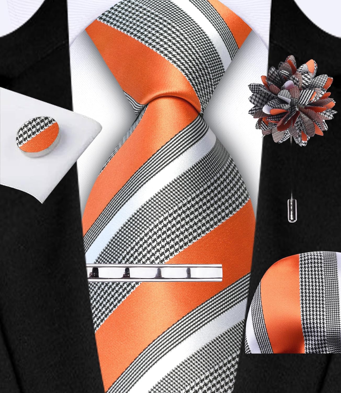 GUSLESON Striped Tie Set for Men Necktie and Pocket Square,Tie Clip,Cufflinks, Lapel Pin Sets with Gift Box 5PCS - Image 2