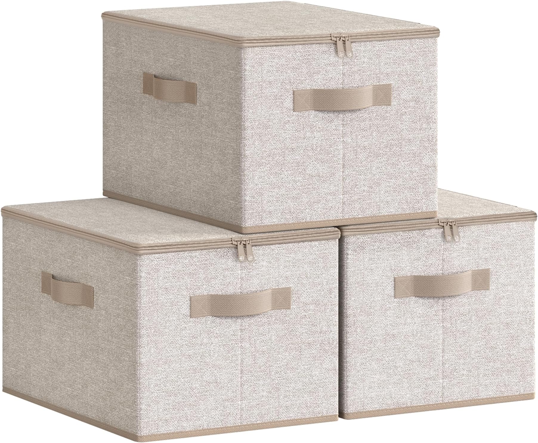 SONGMICS Foldable Storage Organiser Boxes, Storage Basket Bins with Lids, Handles, Clothes Organiser, Non-Woven Fabric, Set of 3, 40 x 30 x 25 cm, Sand Beige RZB003K01