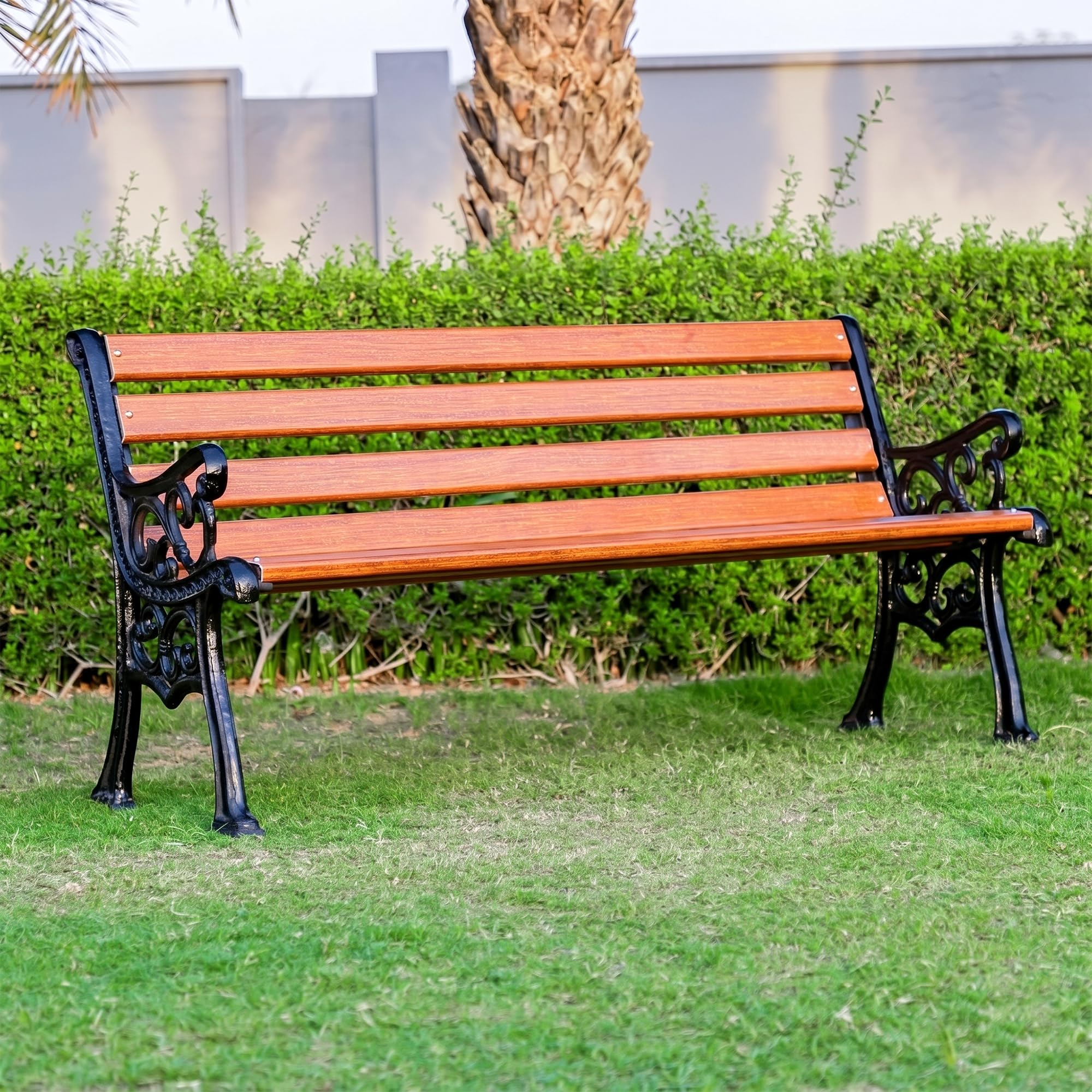OUTLIVING 3 Seater Cast Iron FRP Garden Bench for Indoor & Outdoor Park/Patio/Living Room/Terrace/Balcony (Black+ Wooden Texture)-image-41