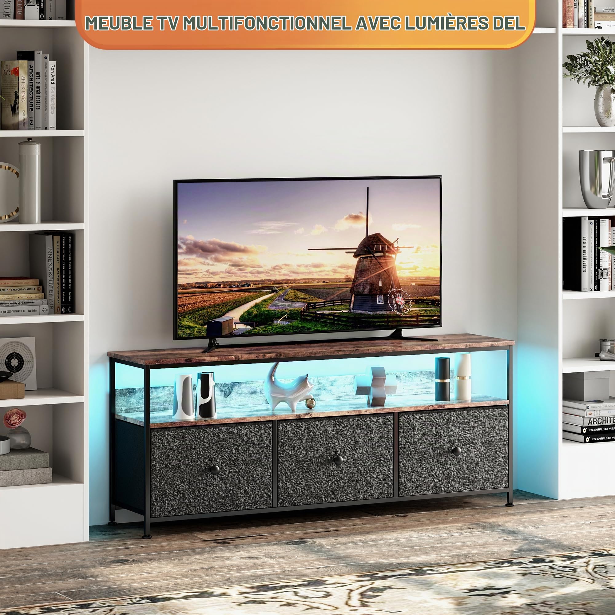 MEXUS Meuble TV, LED Meuble Tele Haut, Meuble TV avec Rangement, 3 tiroirs en Tissu, Intégrez Solutions Rangement Optimisez Visionnage Améliorez L'esthétique (Noir, 108cm)