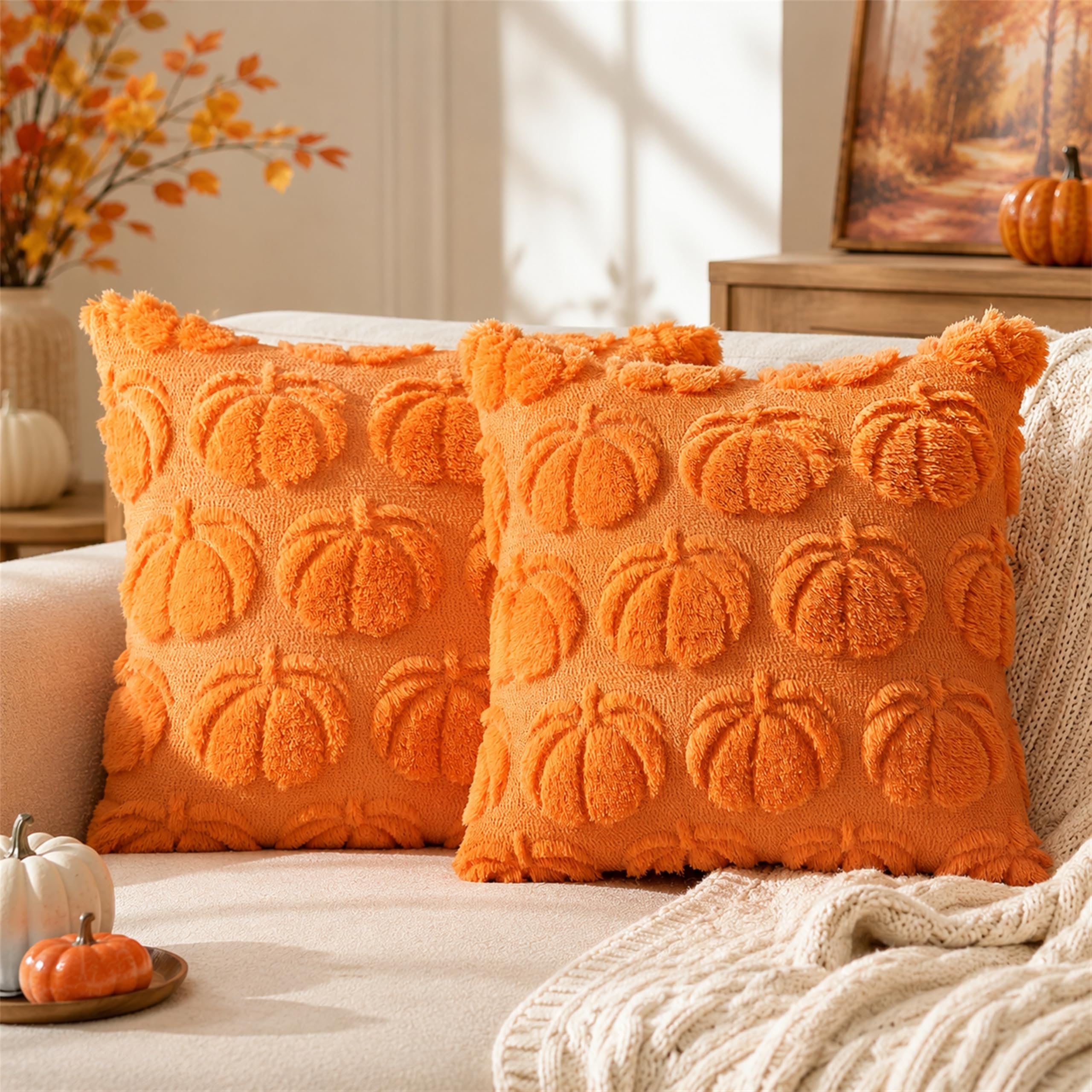 2 Stück Herbstdeko Kissenbezug 45x45cm,Herbst Dekokissen Kissenhülle,Kürbis Kissenbezug,Orange Kürbisse Herbst Kissenbezüge,Sofakissen Herbstdeko für Innen Auto Sofa Schlafzimmer Wohnzimmer