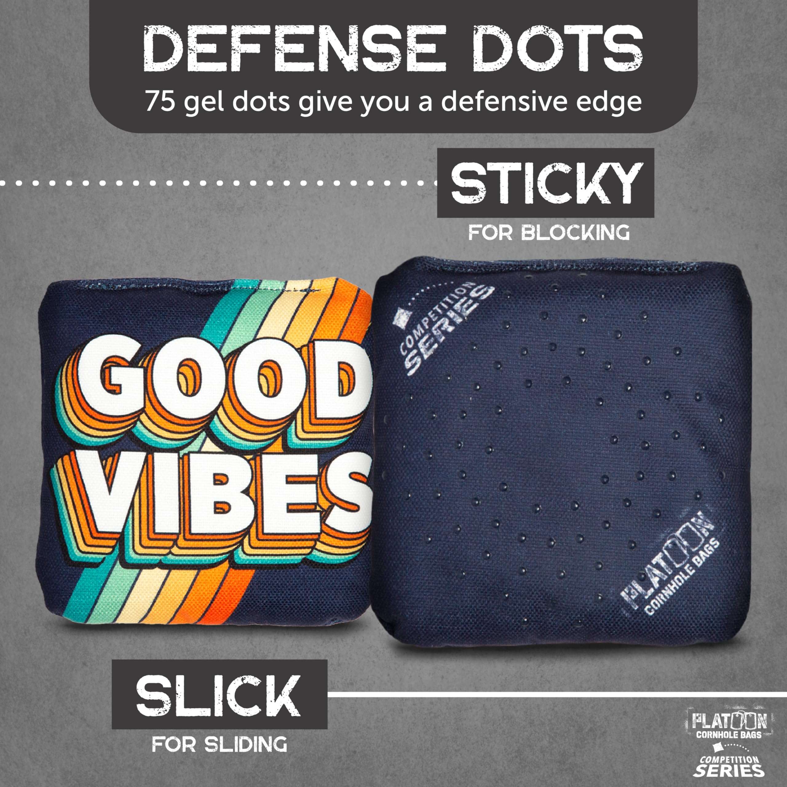 Play Platoon Competition Cornhole - Set di 8 sacchetti per fagioli a doppia faccia e appiccicosi per difesa a pois Pro per mais, in resina composita, con motivo "Good Vibes & Chill"