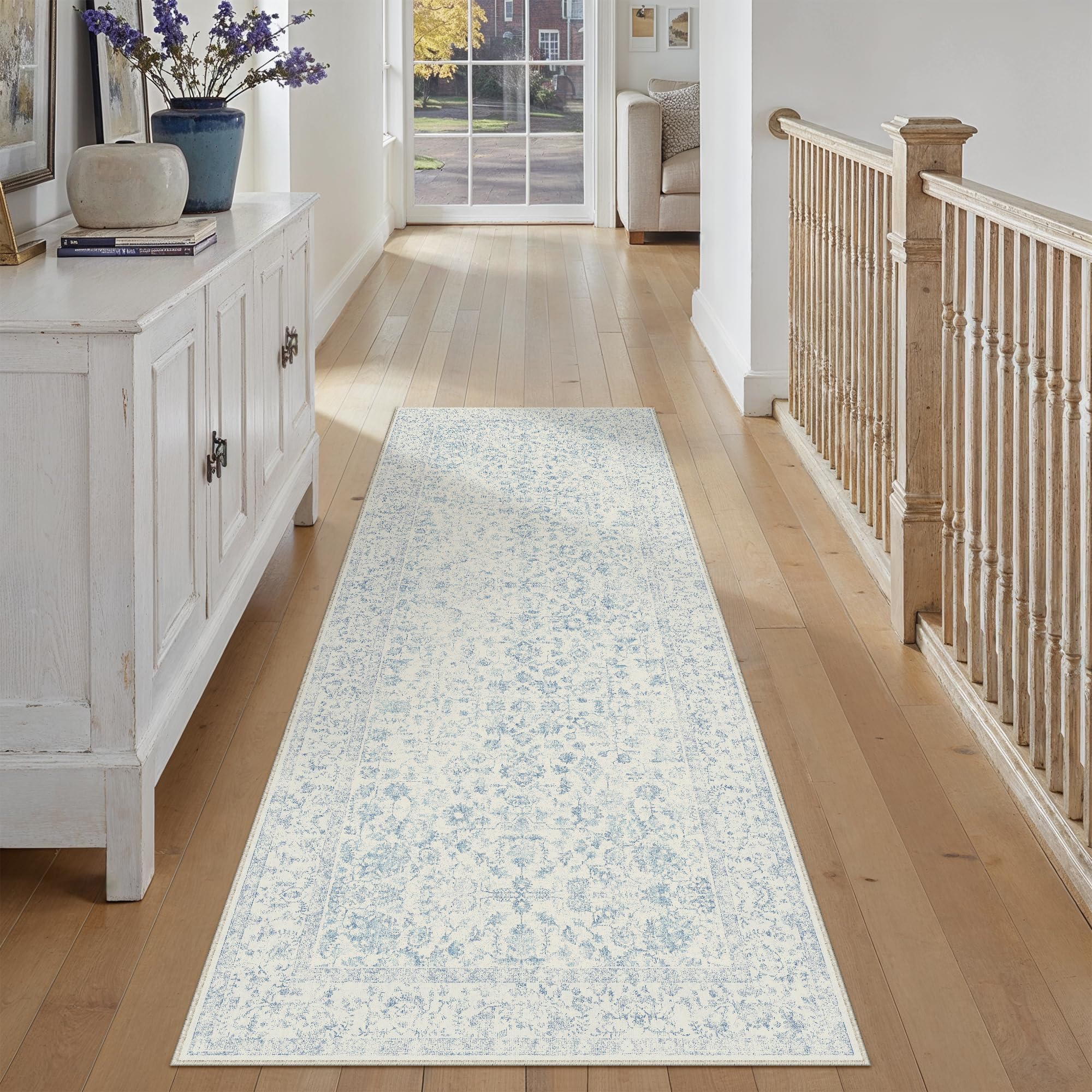 PureCozy 3x7 Blue Runner Rug Washable Hallway Non Slip Kitchen Vintage