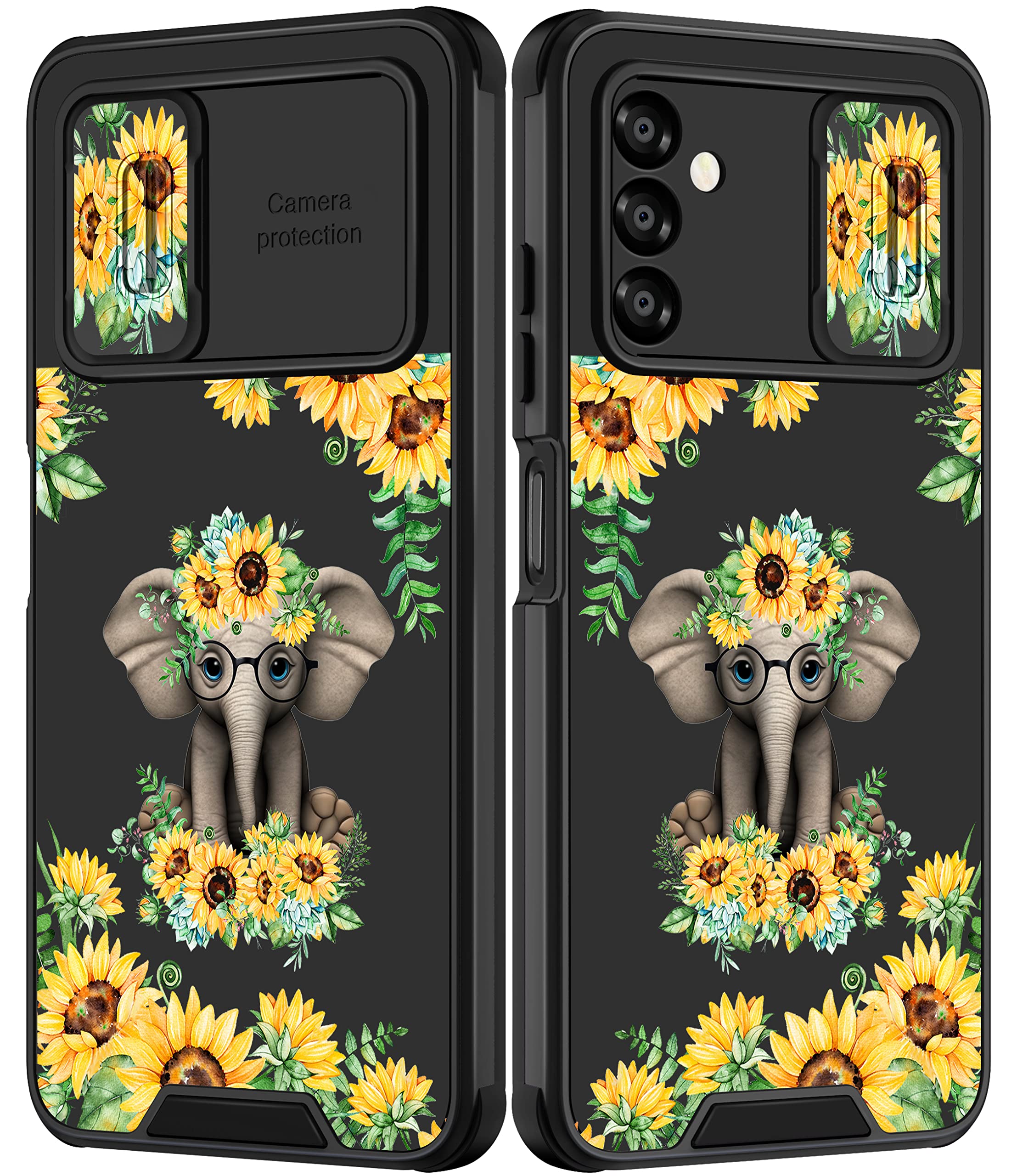 Photo 1 of 5 ITEMS Goocrux for Samsung Galaxy A13 5G Case Sunflower Elephant for Women Girls Floral Flowers Girly Phone Cover Cute Pretty Animal Design with Slide Camera Cover Aesthetic Cases for Galaxy A13 6.5 inch BUNDLE