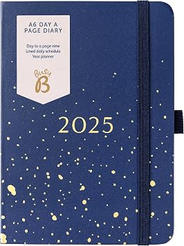 Busy B Day-A-Page A6 Planner Diary 2025 - Compact Diary for Students, Teachers & Work with Daily Layout, Lined Schedule, Year Planner, Notes Pages & Elastic Closure Band - Navy Spray