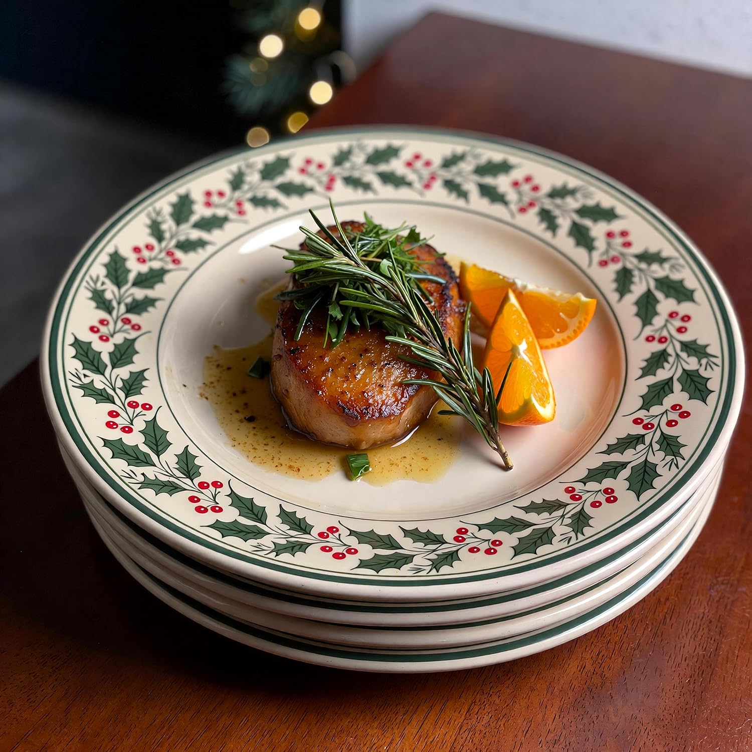 Spode Christmas Tree Holly Dinner Plates, Set of 4-10 Inch Stoneware with White Center & Holly Accents - Festive Holiday Tableware, Microwave, Dishwasher & Freezer Safe, Seasonal Dining Essentials