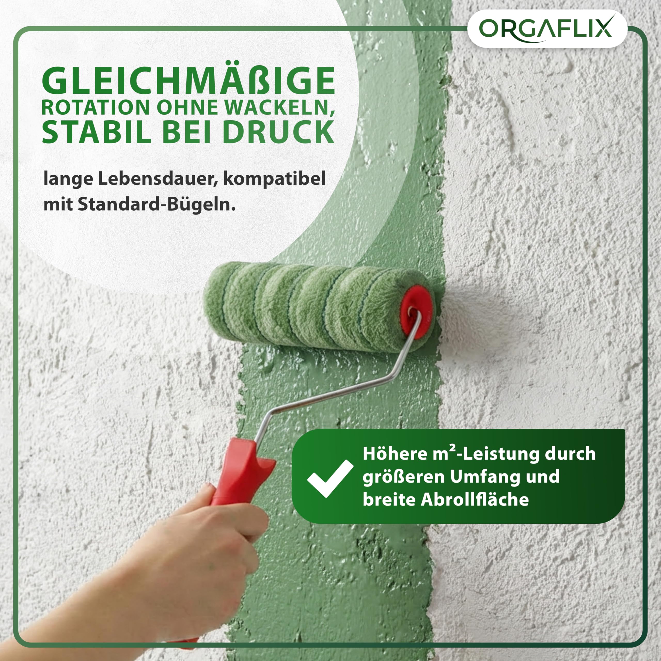 ORGAFLIX Profi Farbwalze 25cm - 2 Stück - Ideale Farbaufnahme und Abgabe - Florhöhe ca. 18mm, Kern 48mm, Farbroller Wandfarbe, Malerrolle groß, Farbrolle, Malerwalze, Maler-Zubehör, Maler-Set