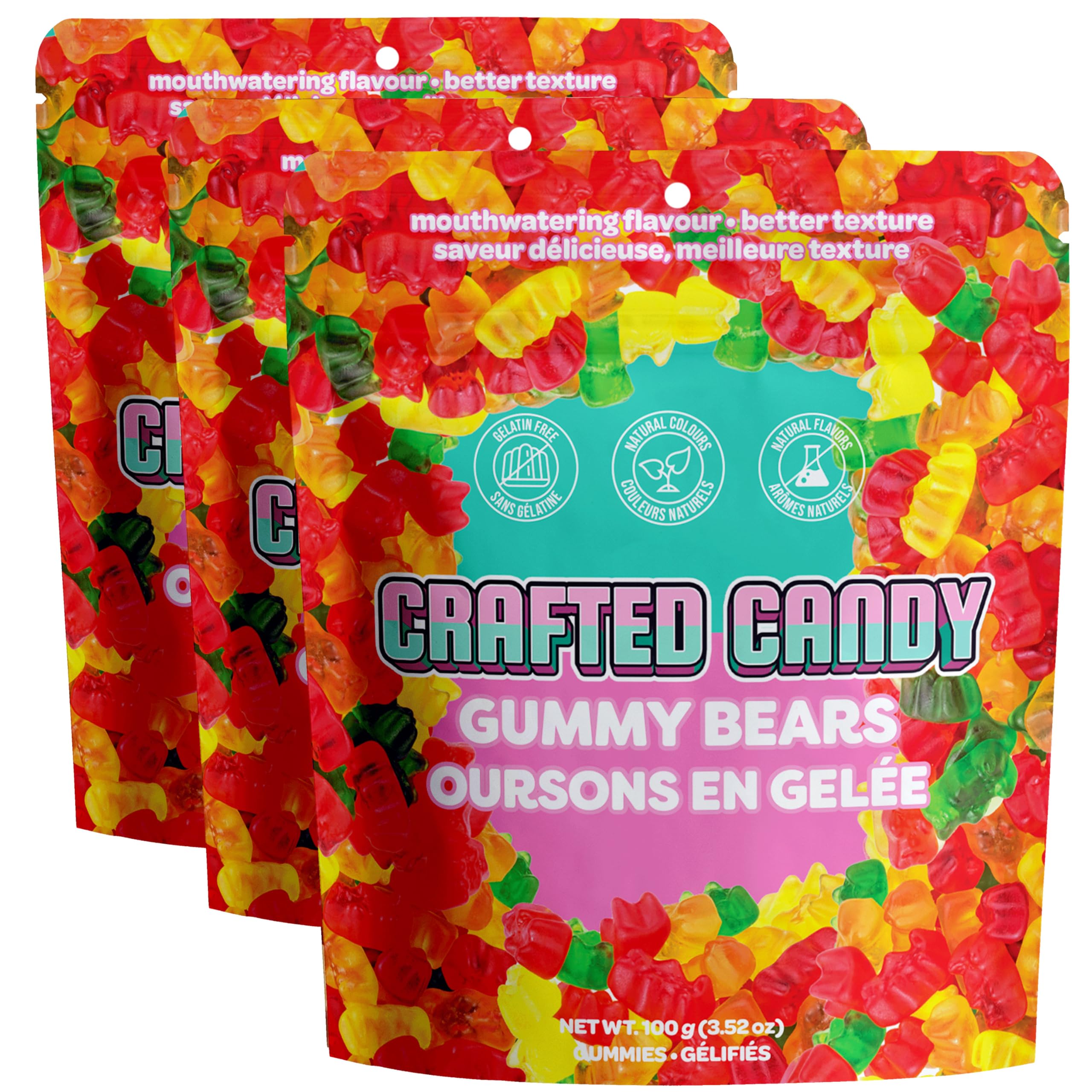 Crafted Candy Gummy Bears, Mouthwatering Natural Flavors, 3 Bags (100 grams each)