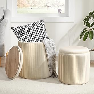 Royal Windsor Round Ottoman with Storage Set of 2,Vanity Stool with Storage for Bedroom, Ottoman Coffee Table,Small Velvet Foot Stool for Living Room, Beige
