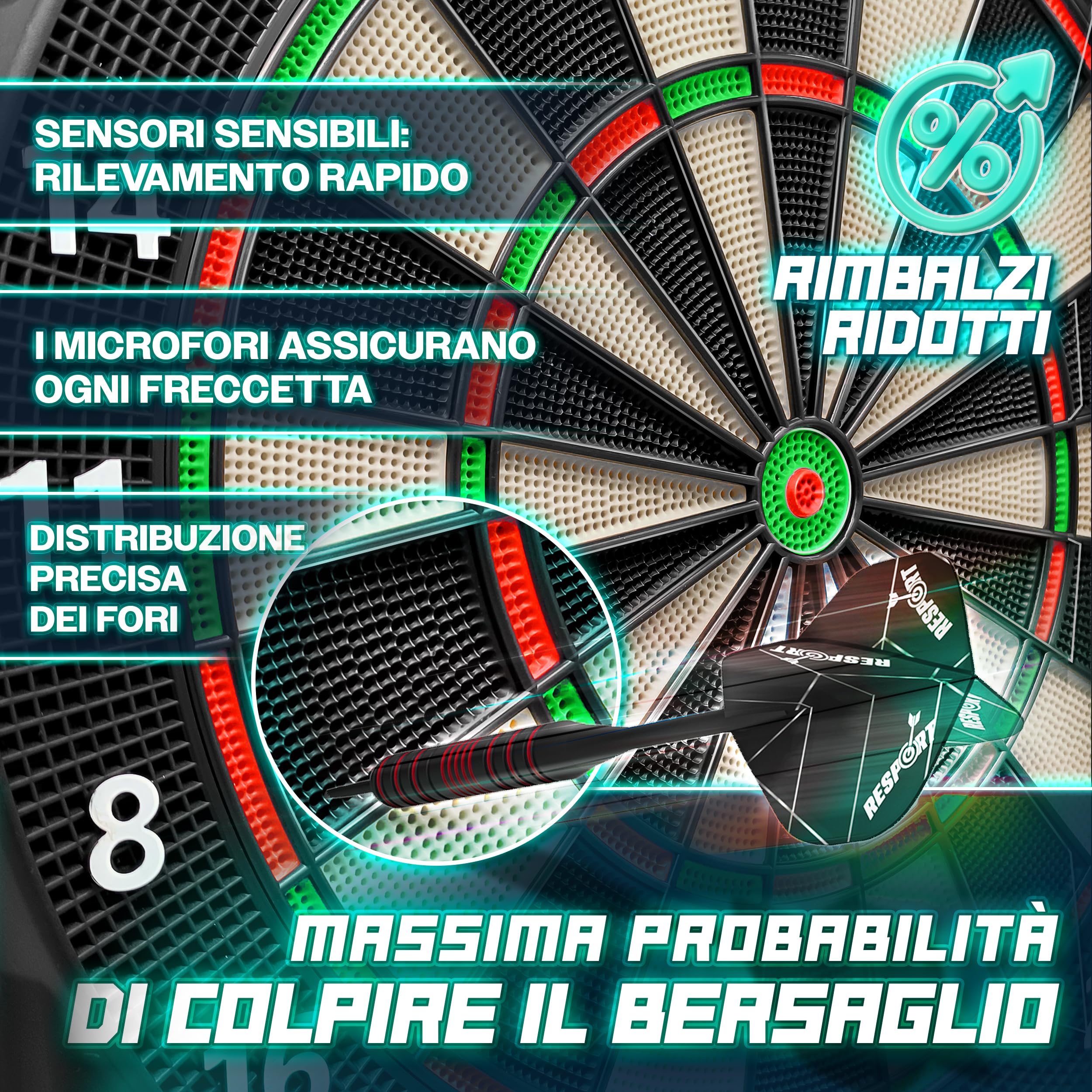 RE:SPORT® Bersaglio elettronico per freccette, set professionale con 12 freccette + 24 ali Pro + 100 punte per freccette e accessori | E Dartautomat per 1–8 giocatori con 427 varianti | Bersaglio