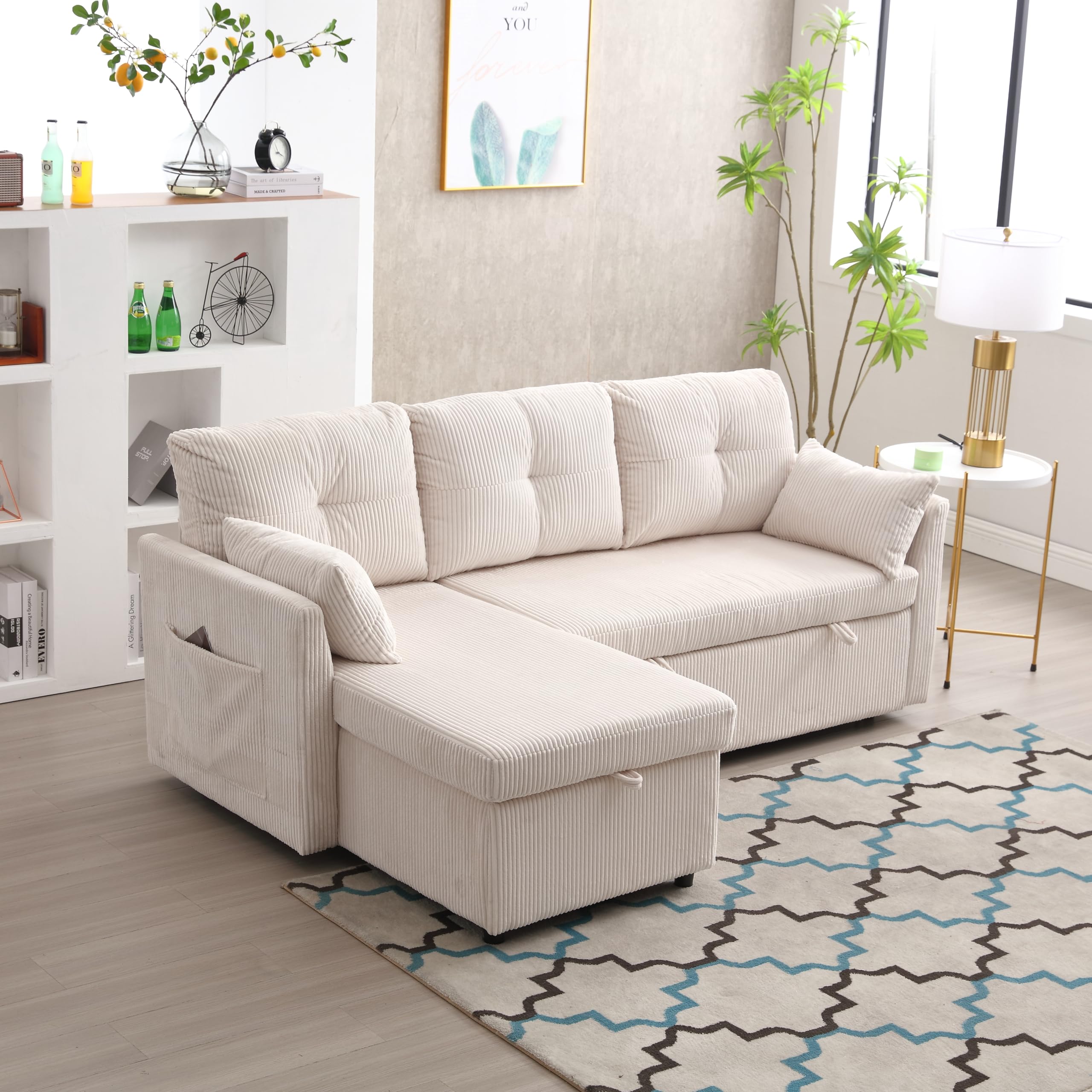 Ball & Cast 206 cm L-Shaped Modular Sectional Sofa with Movable Ottoman,Set of Deep Seat Boneless Couch with Chaise Lounge, Sofa Bed for Living Room Bedroom – No Assembly Required, Beige