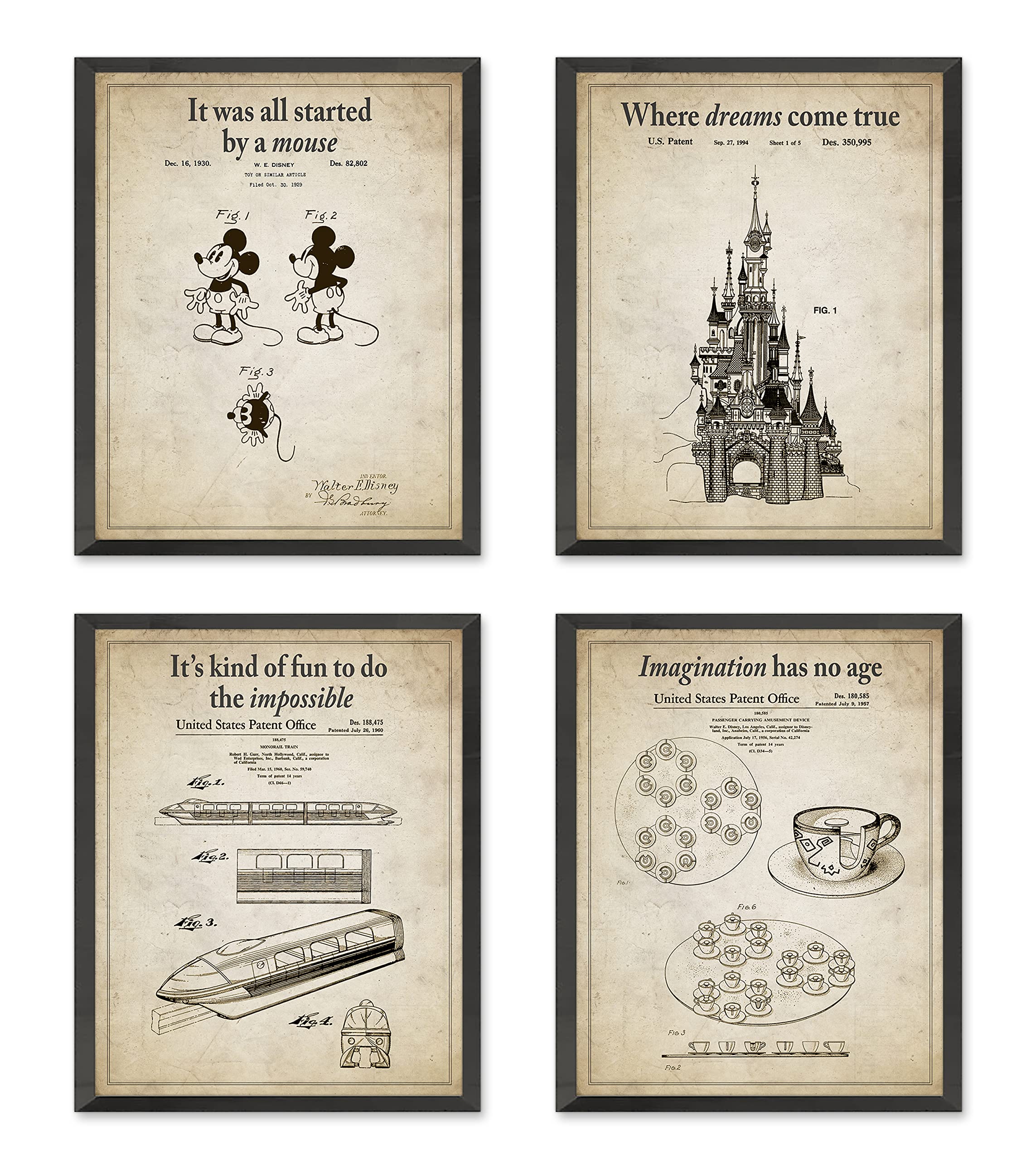 Set of 4 - Disney Unframed Vintage Patent Prints – Wall Art Featuring Castle, Mickey Mouse, Tea Cups & Monorail – Gift for Disney Fans & Home Decor, 5x7 inches