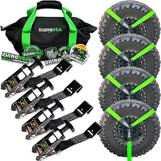 Rhino USACar Tie Down Straps for Trailers with Flat Hooks (4-Pack) - 2 Inch x 8 Feet (10,000lb Break Strength) - Heavy Duty T-Handle Car Hauler Tire Straps for Trailer & UTV with Lasso Straps - Green