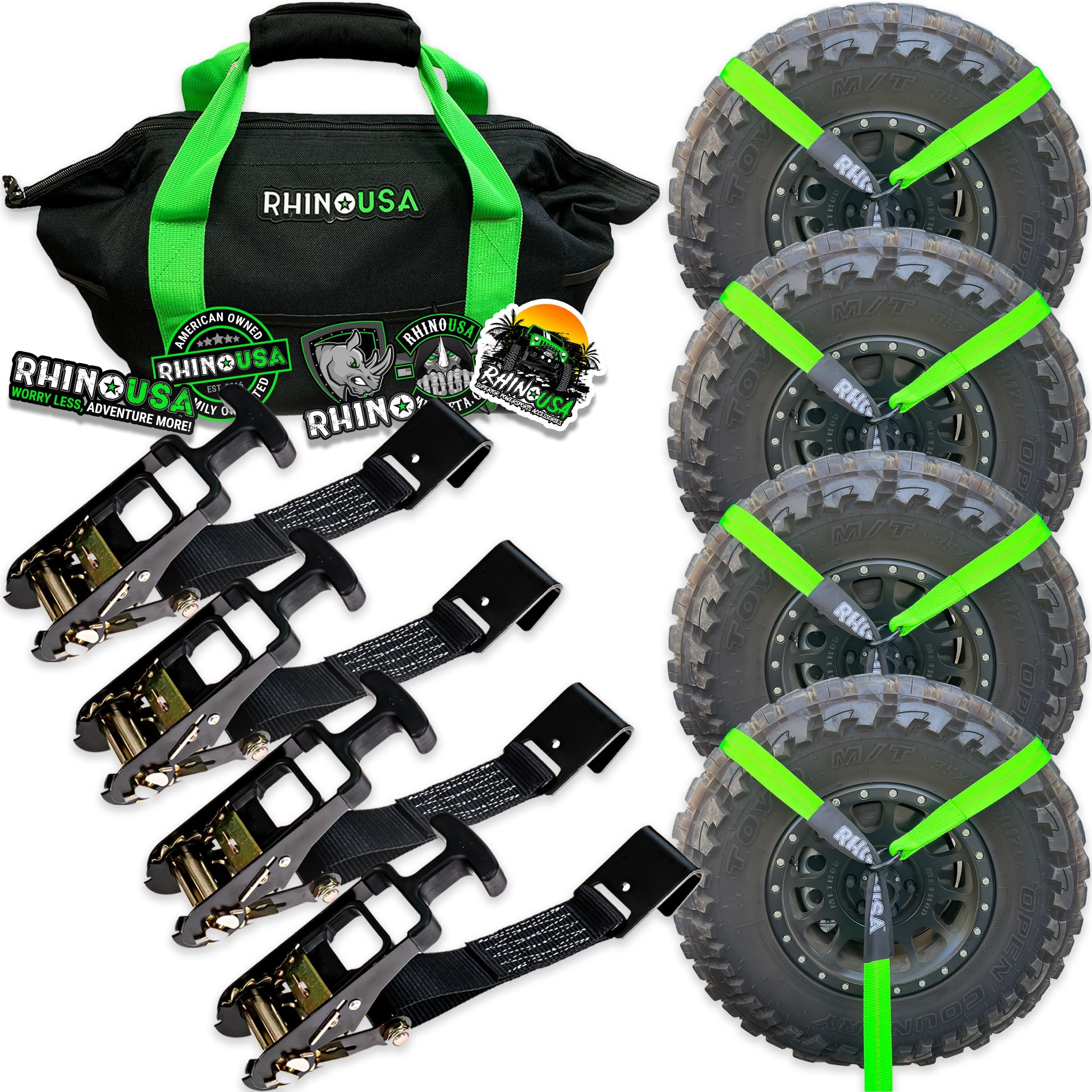 Rhino USACar Tie Down Straps for Trailers with Flat Hooks (4-Pack) - 2 Inch x 8 Feet (10,000lb Break Strength) - Heavy Duty T-Handle Car Hauler Tire Straps for Trailer & UTV with Lasso Straps - Green