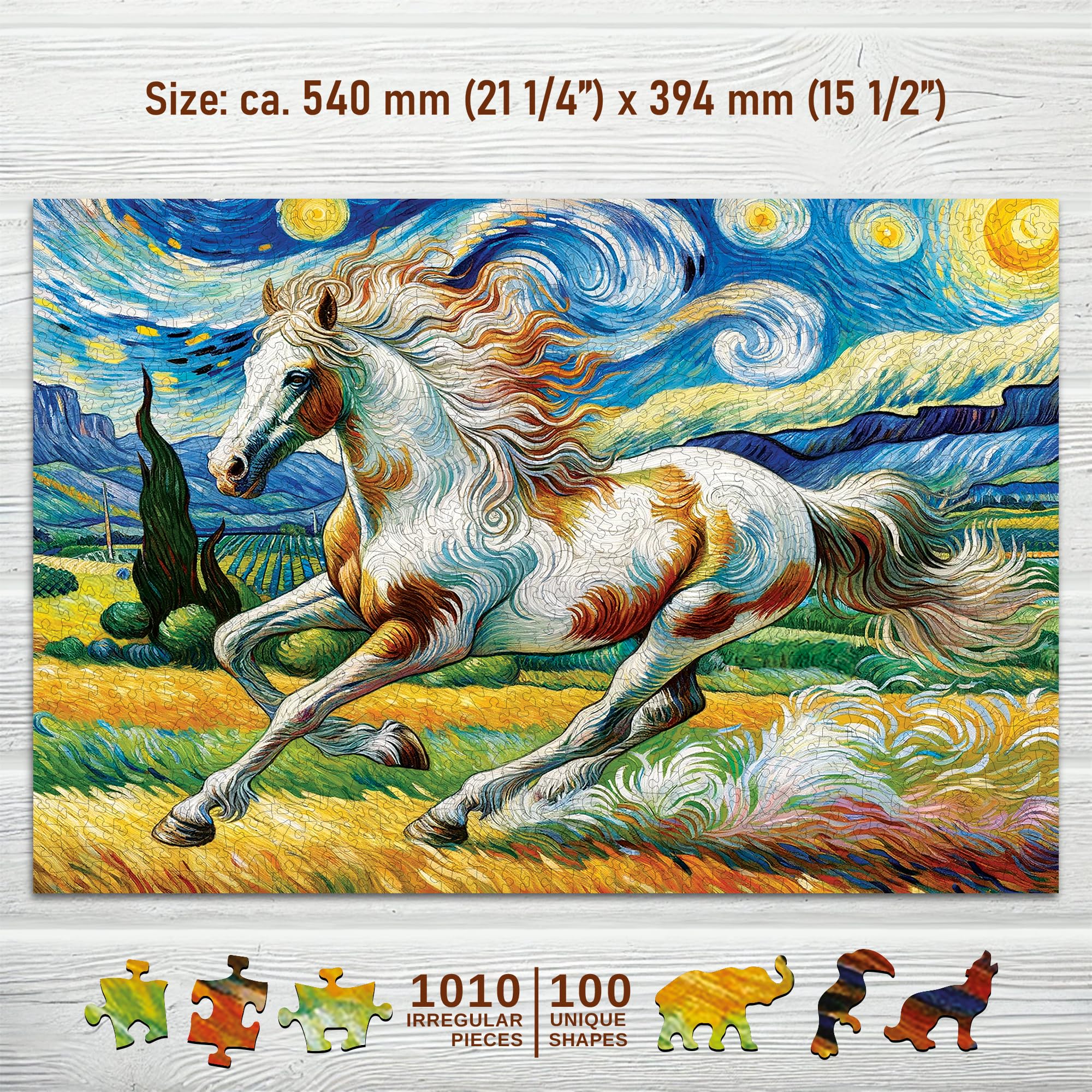 WOODEN.CITY Puzzle en bois 1000 pièces - Cheval rapide avec 100 pièces en forme d'animal - 53,9 x 39,4 cm - Conçu et fabriqué dans l'UE