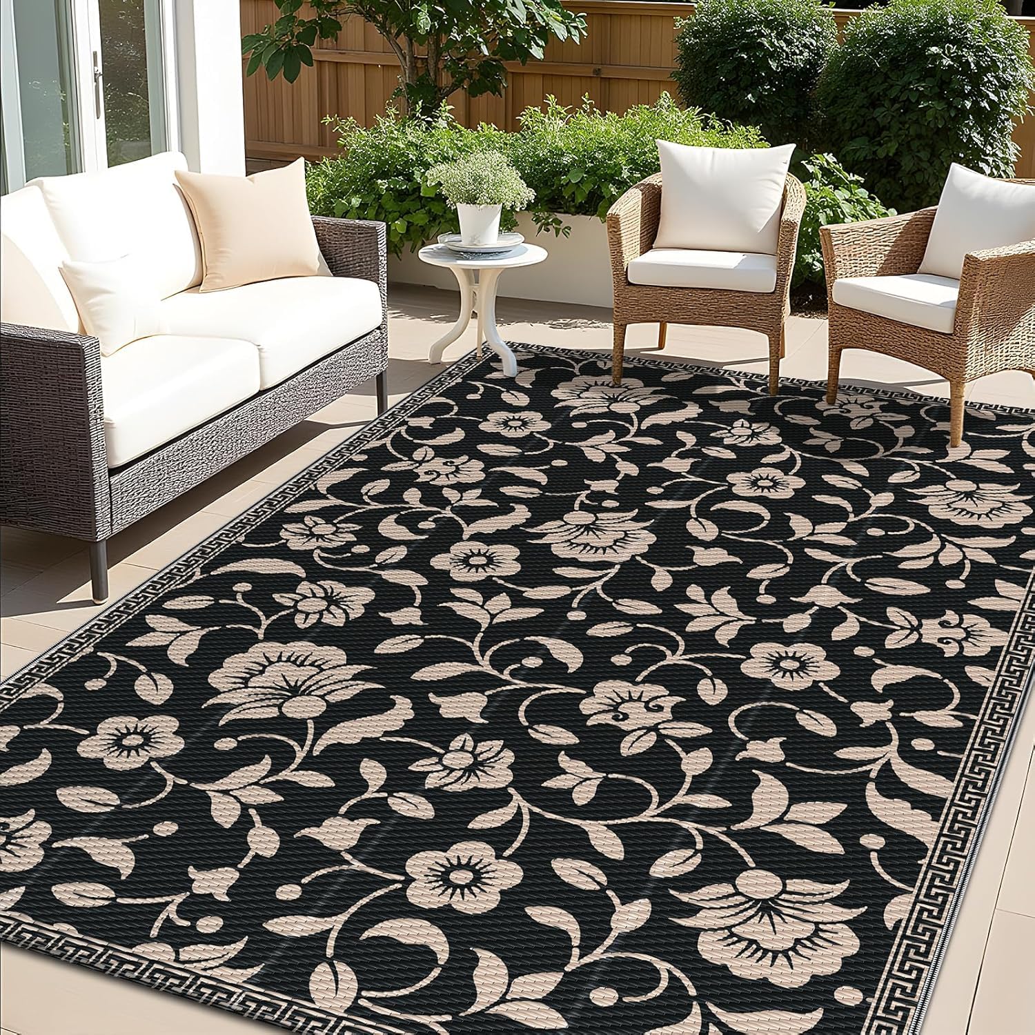 smiry Alfombra de jardín impermeable para exteriores, resistente a los rayos UV, alfombra reversible de paja de plástico para balcón, camping, picnic, patio trasero, 120 x 180 cm, negro y beige, flor