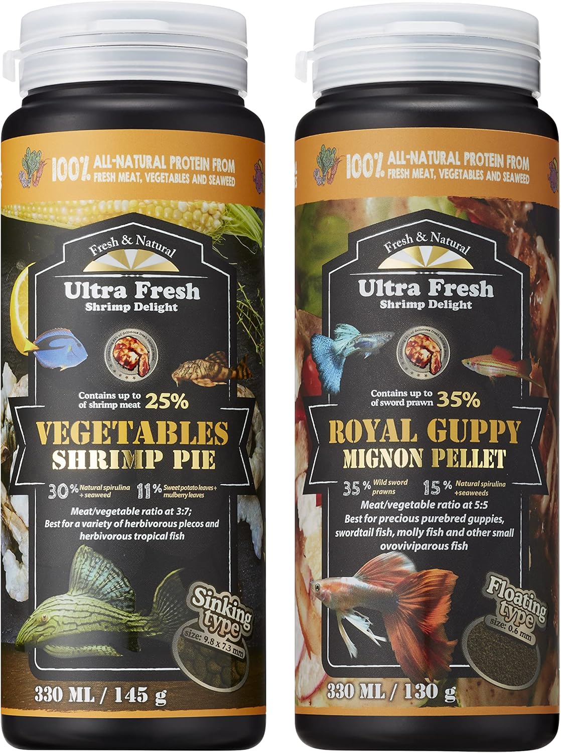 Ultra Fresh Fish Food Bundle for Picky Guppy and Pleco, Royal Guppy Mignon Pellet, Vegetables Shrimp Pie