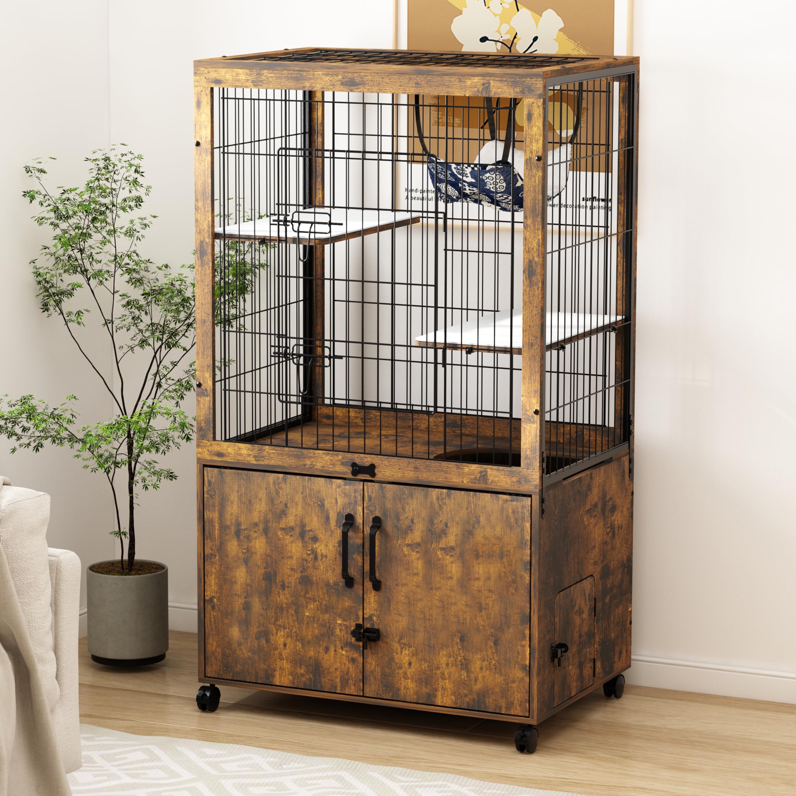 Megidok Furniture Cat Cages Indoor with Wooden Hidden Litter Box