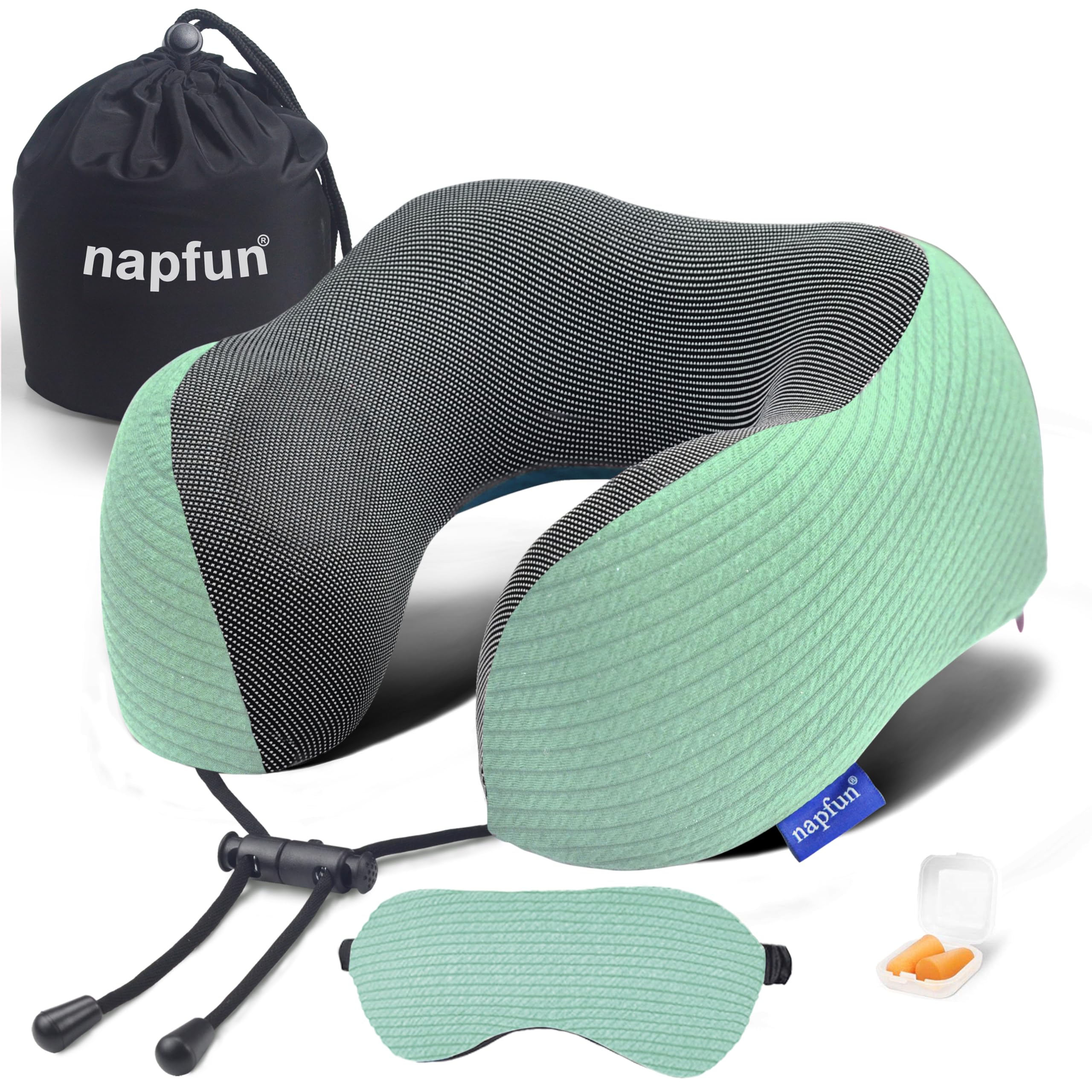 napfun Neck Pillow for Travel with Travel Pouch, Sleep Mask &amp; Earplugs, Memory Foam Airplane Pillow for Headrest Sleep with Eyeshades, Plane Essentials with Eye Blindfold, Turquoise Striped Kit