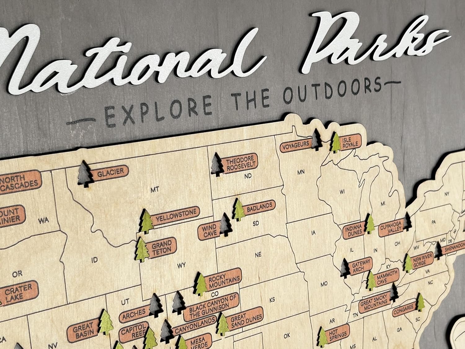 US Wooden National Parks Travel Map With Trees To Record Park Visits (Light Grey, Size M/Ships from Amazon)