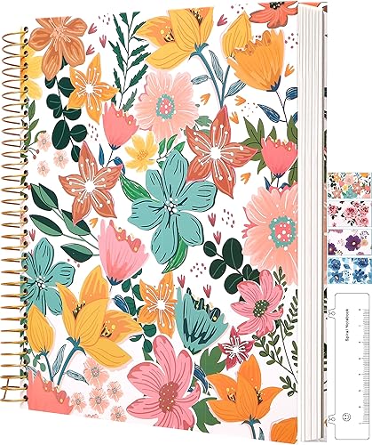 CAGIE Cuaderno de espiral de tapa dura para mujer, 200 páginas, diario encuadernado en espiral floral con bolsillos grandes, libro de notas para