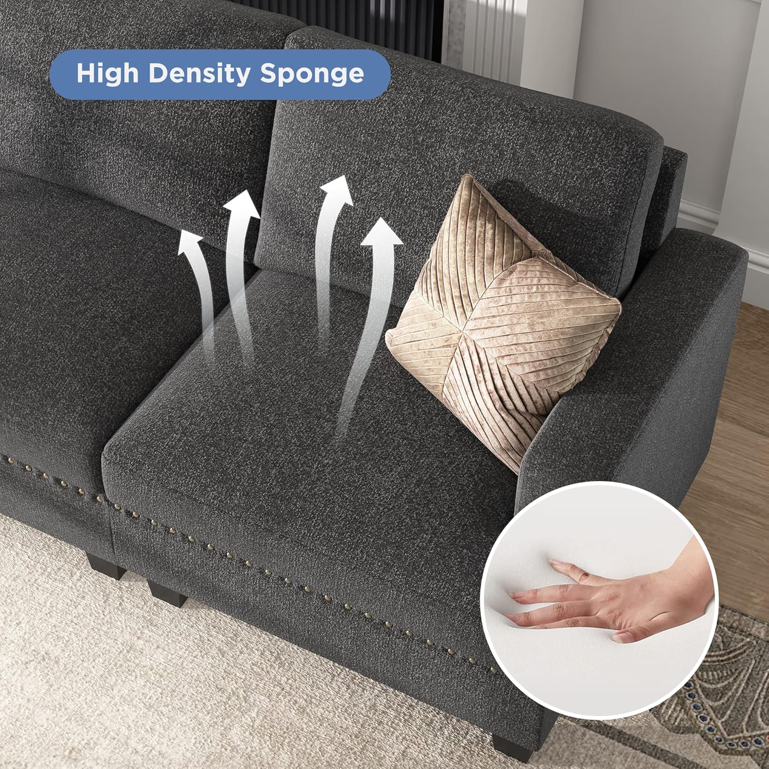 Nolany Modular Sofa Couch Upholstered Fabric Oversized 3 Seat Couch Sofa for Living Room, Dark Grey