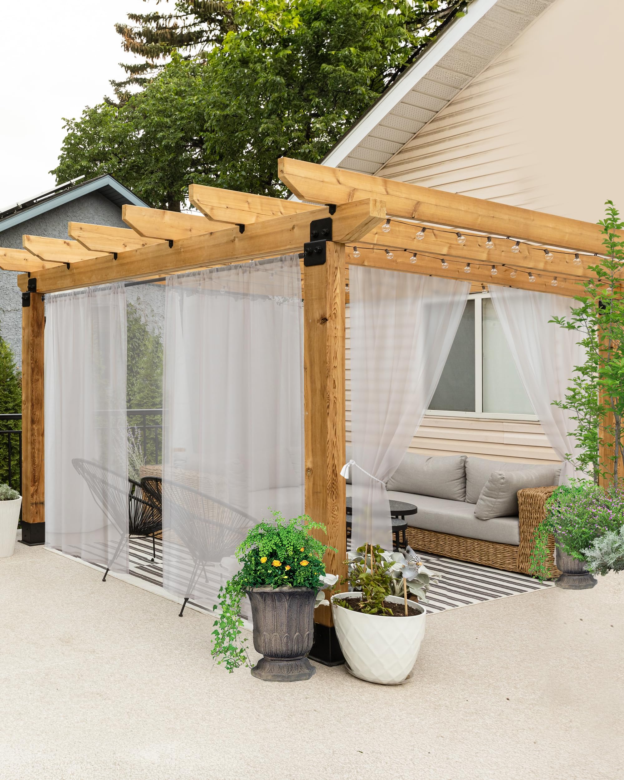 HolidayIdeas All Weather Outdoor Patio Curtains 6 Pcs Linen Look Rod Pocket Sheer Outdoor Curtains for Porch, Balcony, Gazebo, Pergolas,Cabana,Cloud Grey, 54x108 Inch, 6 Pcs