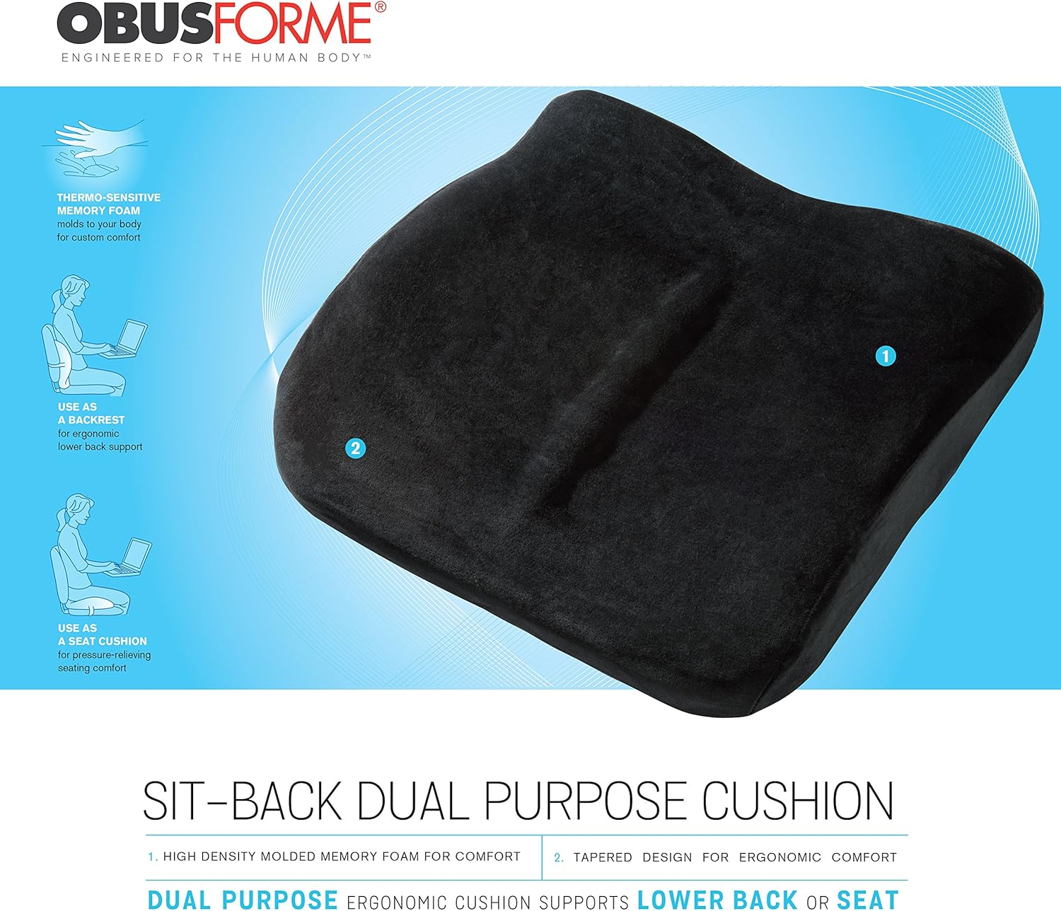 ObusForme Seat Cushion and Lumbar Support Pillow | Lower Back Support with Memory Foam | Contoured Ergonomic Design for Soothing Relief of Lower Back & Tailbone Discomfort : Office Products