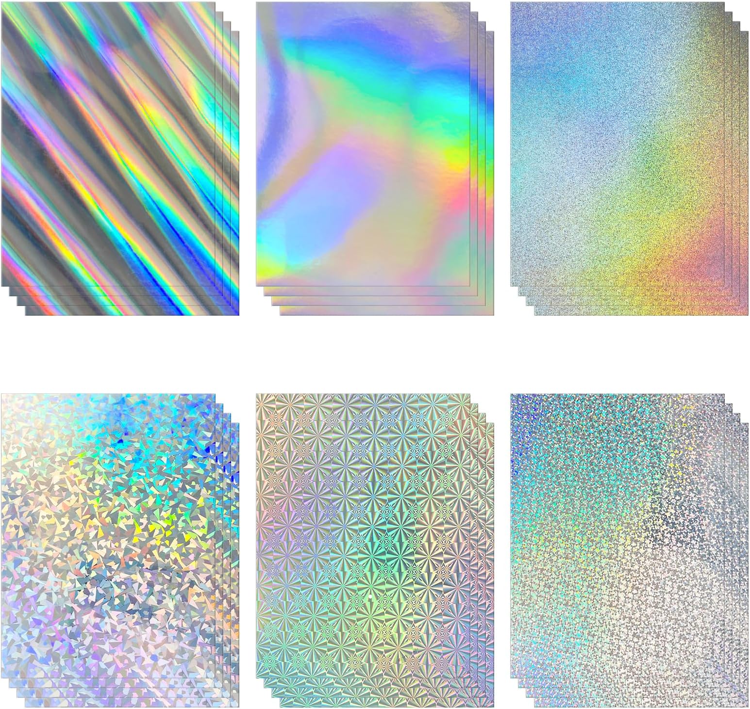 Holographic Card Stocks, 24 Count 8.5 x 11 Inches, 250gsm/90 LBS, 6 Mixed Styles Metallic Card Stocks, Glossy Iridescent Mirror Paper, Thick Foil Board for Scrapbooking, Card Making, Crafts, Party